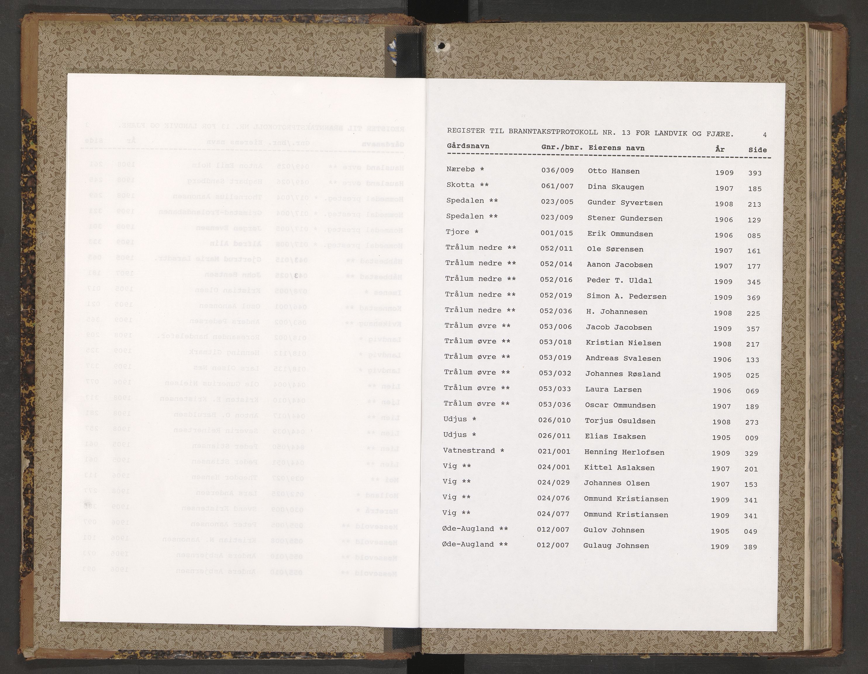 Norges Brannkasse Landvik og Fjære, AV/SAK-2241-0032/F/Fa/L0013: Branntakstprotokoll nr. 13, 1905-1910