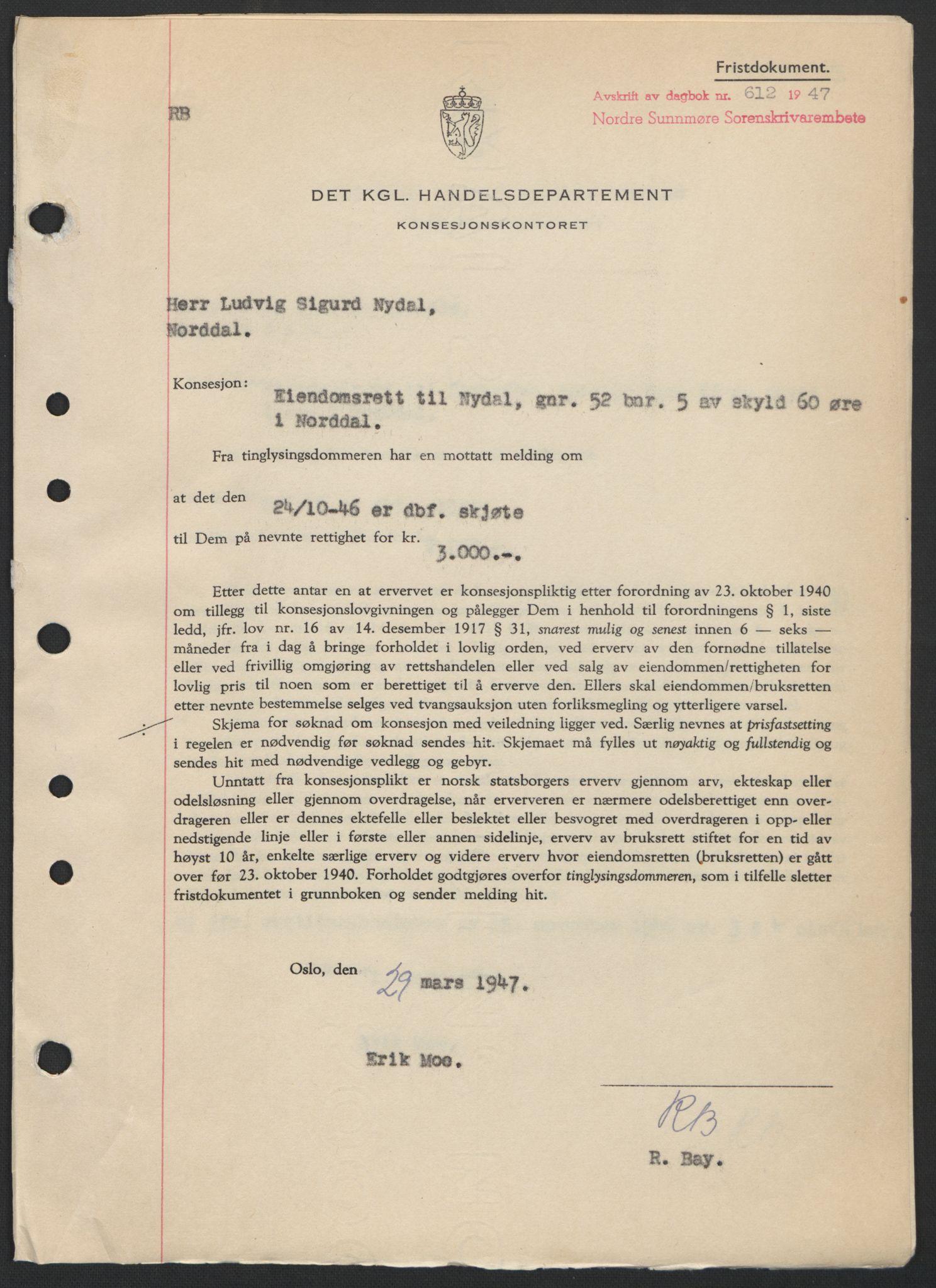 Nordre Sunnmøre sorenskriveri, SAT/A-0006/1/2/2C/2Ca: Pantebok nr. B6-14 b, 1946-1947, Dagboknr: 612/1947