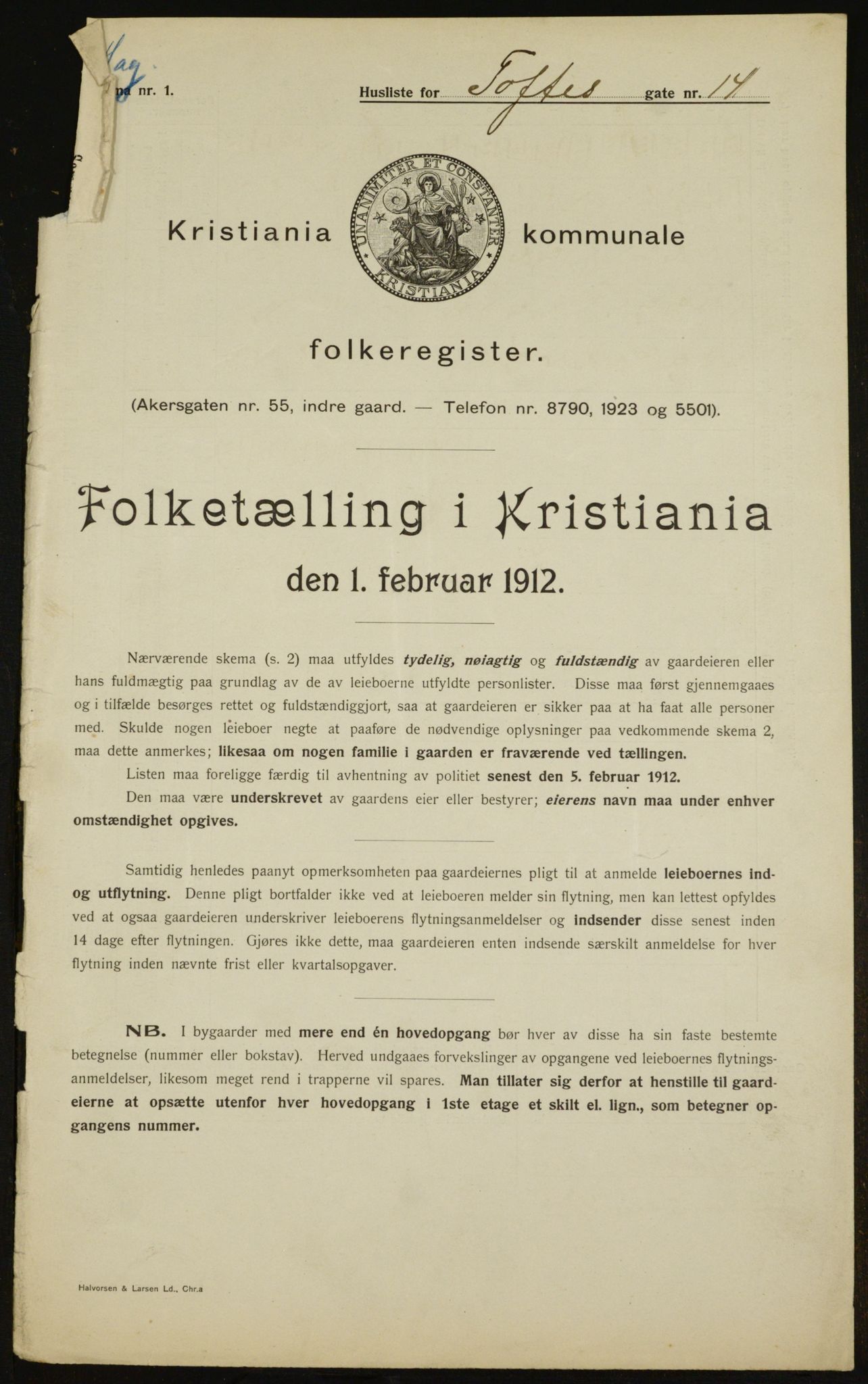 OBA, Kommunal folketelling 1.2.1912 for Kristiania, 1912, s. 111509