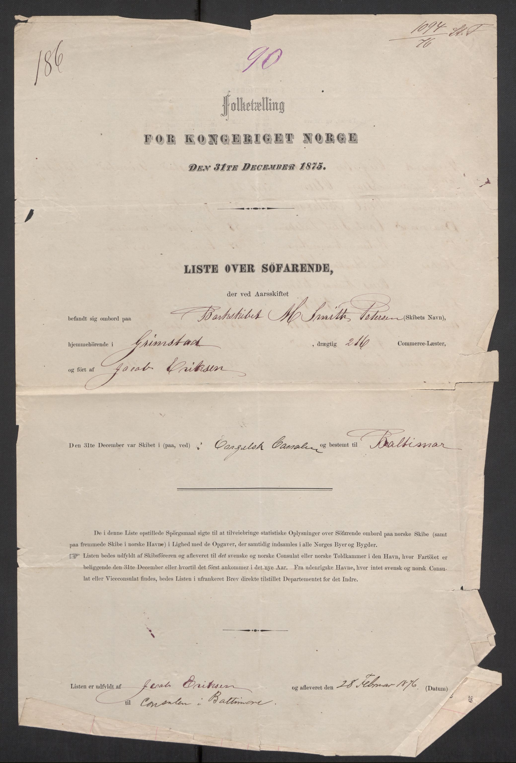 RA, Folketelling 1875, skipslister: Skip i utenrikske havner, hjemmehørende i 1) byer og ladesteder, Grimstad - Tromsø, 2) landdistrikter, 1875, s. 180