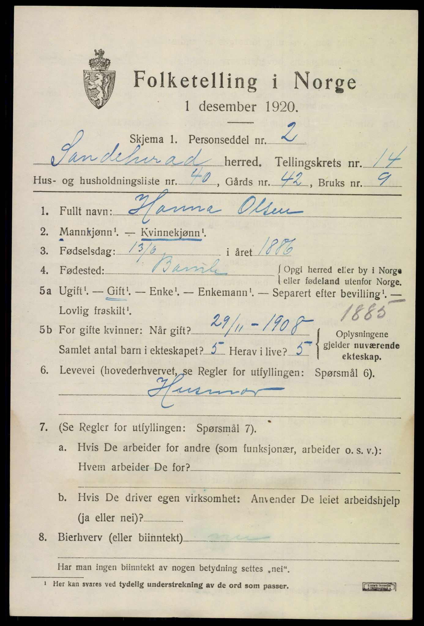 SAKO, Folketelling 1920 for 0724 Sandeherred herred, 1920, s. 20724