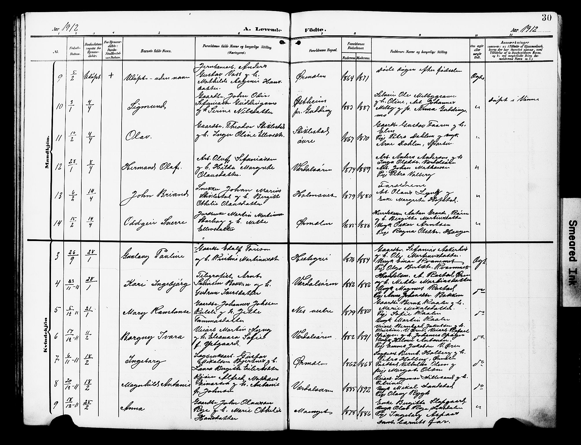 Ministerialprotokoller, klokkerbøker og fødselsregistre - Nord-Trøndelag, AV/SAT-A-1458/723/L0258: Klokkerbok nr. 723C06, 1908-1927, s. 30