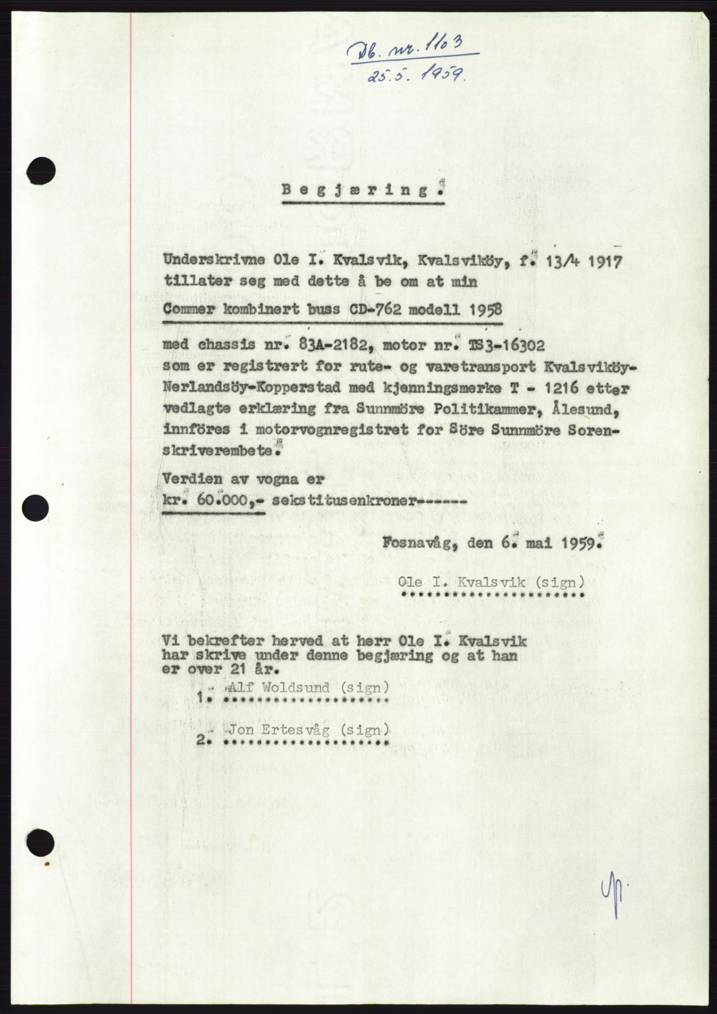 Søre Sunnmøre sorenskriveri, SAT/A-4122/1/2/2C/L0112: Pantebok nr. 38A, 1959-1959, Dagboknr: 1103/1959