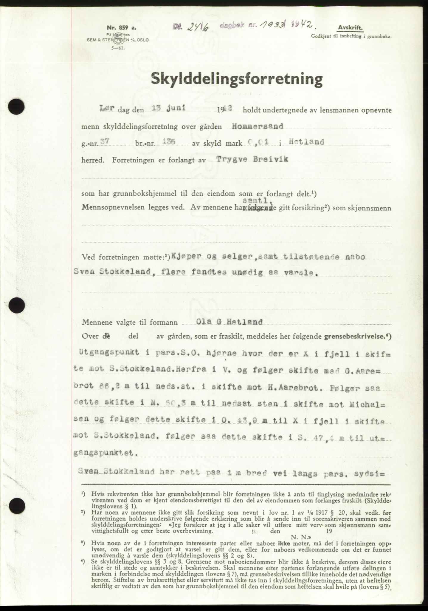 Jæren sorenskriveri, SAST/A-100310/03/G/Gba/L0082: Pantebok, 1942-1942, Dagboknr: 1933/1942