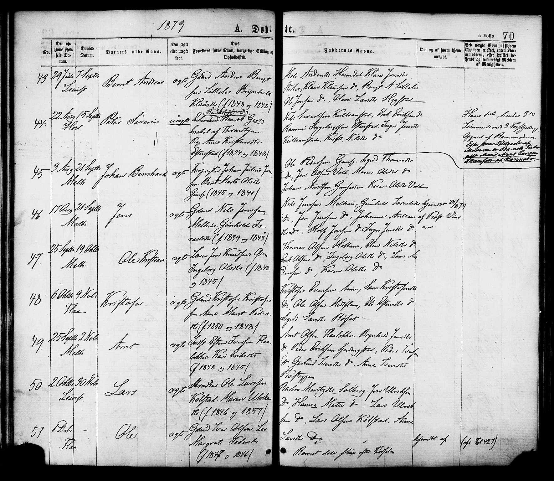 Ministerialprotokoller, klokkerbøker og fødselsregistre - Sør-Trøndelag, SAT/A-1456/691/L1079: Ministerialbok nr. 691A11, 1873-1886, s. 70