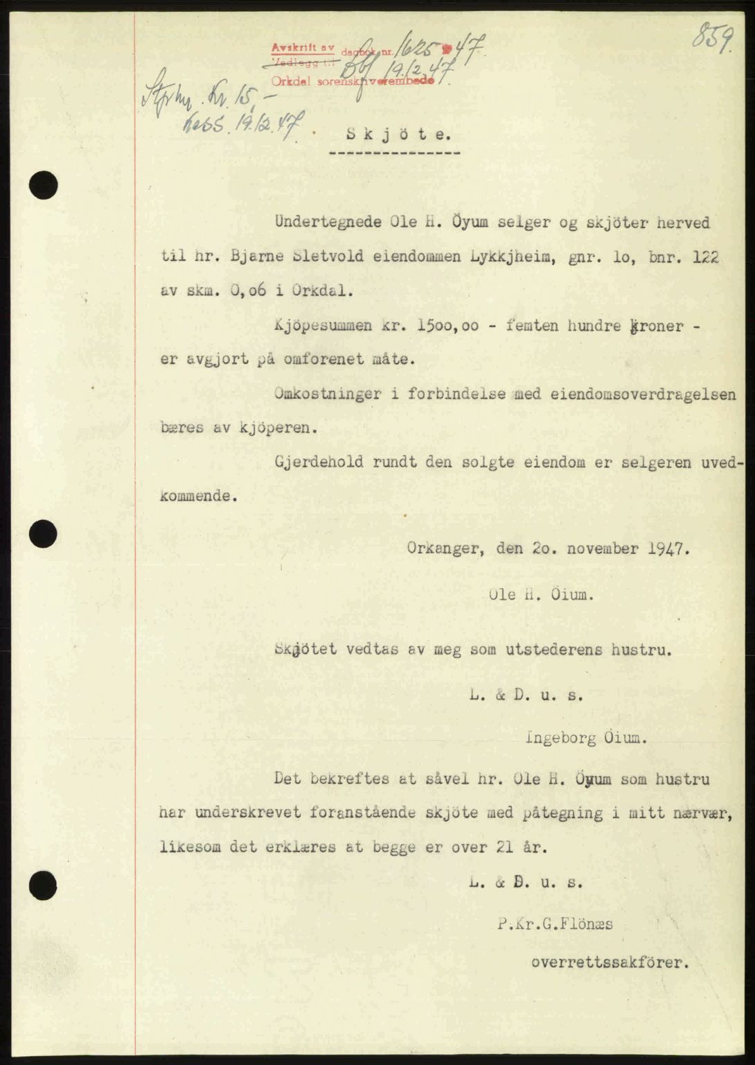 Orkdal sorenskriveri, SAT/A-4169/1/2/2C: Pantebok nr. A, 1947-1947, Dagboknr: 1625/1947