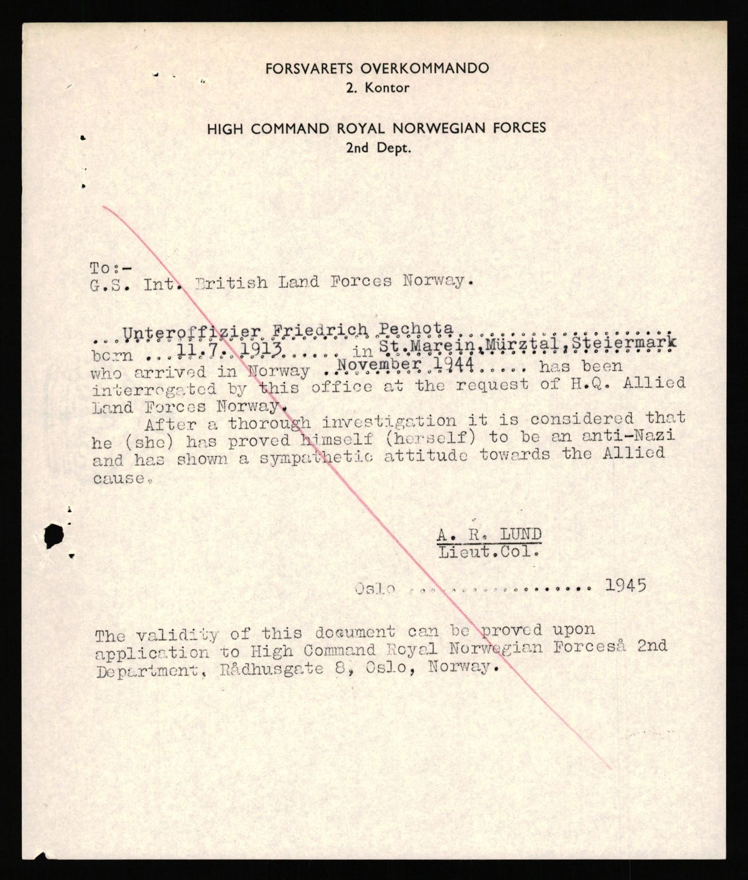 Forsvaret, Forsvarets overkommando II, AV/RA-RAFA-3915/D/Db/L0040: CI Questionaires. Tyske okkupasjonsstyrker i Norge. Østerrikere., 1945-1946, s. 9