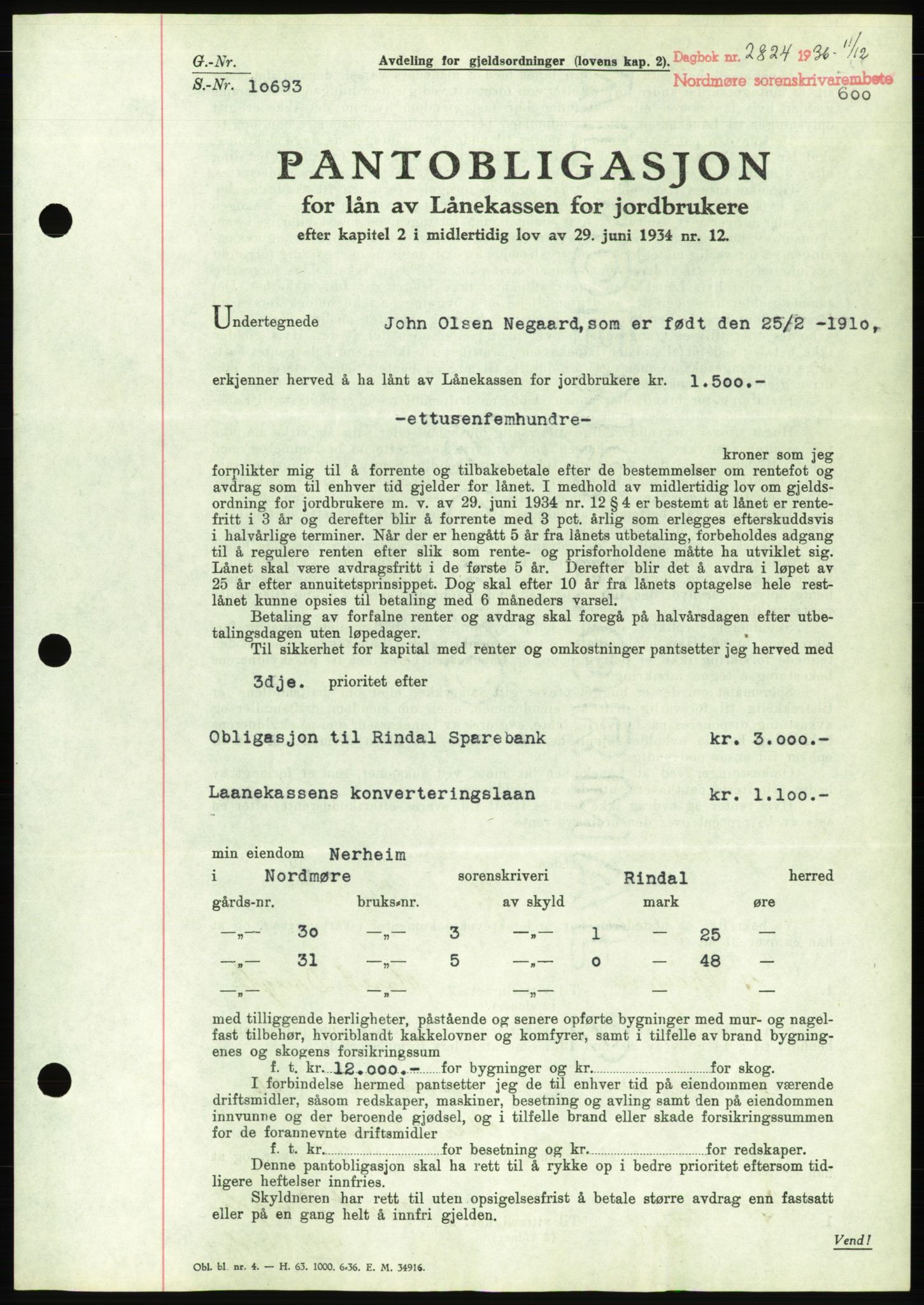 Nordmøre sorenskriveri, AV/SAT-A-4132/1/2/2Ca/L0090: Pantebok nr. B80, 1936-1937, Dagboknr: 2824/1936