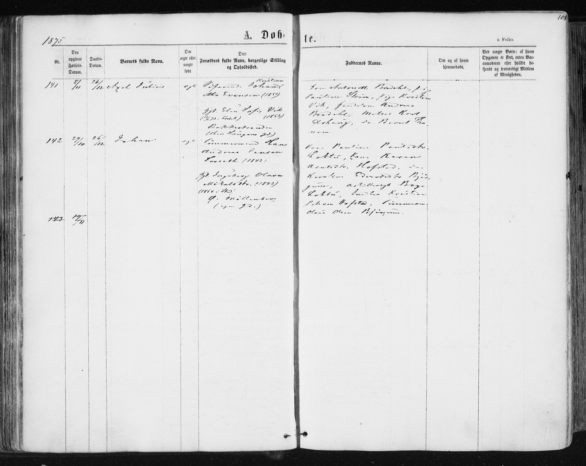 Ministerialprotokoller, klokkerbøker og fødselsregistre - Sør-Trøndelag, AV/SAT-A-1456/604/L0186: Ministerialbok nr. 604A07, 1866-1877, s. 108