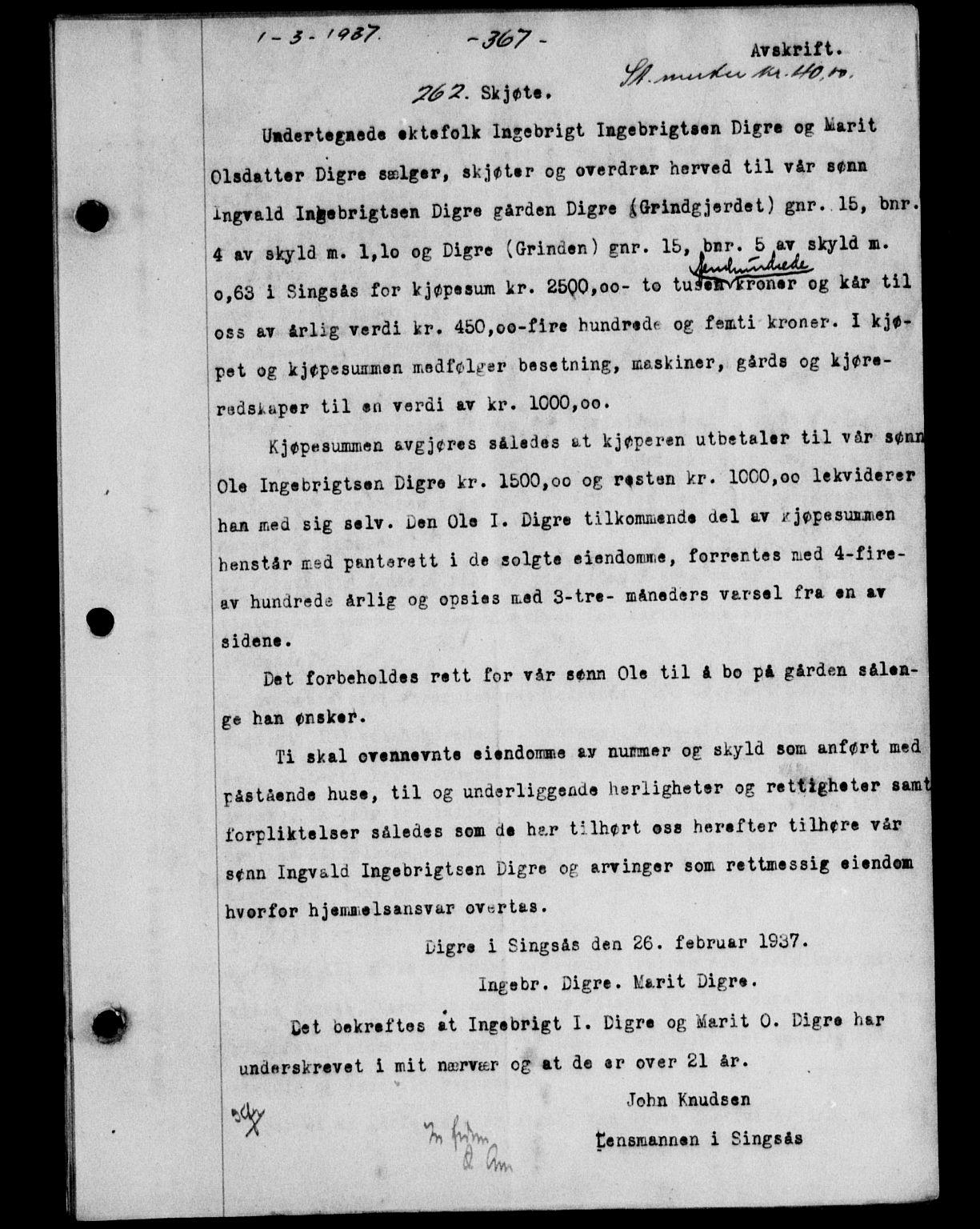 Gauldal sorenskriveri, SAT/A-0014/1/2/2C/L0047: Pantebok nr. 50-51, 1937-1937, Dagboknr: 262/1937