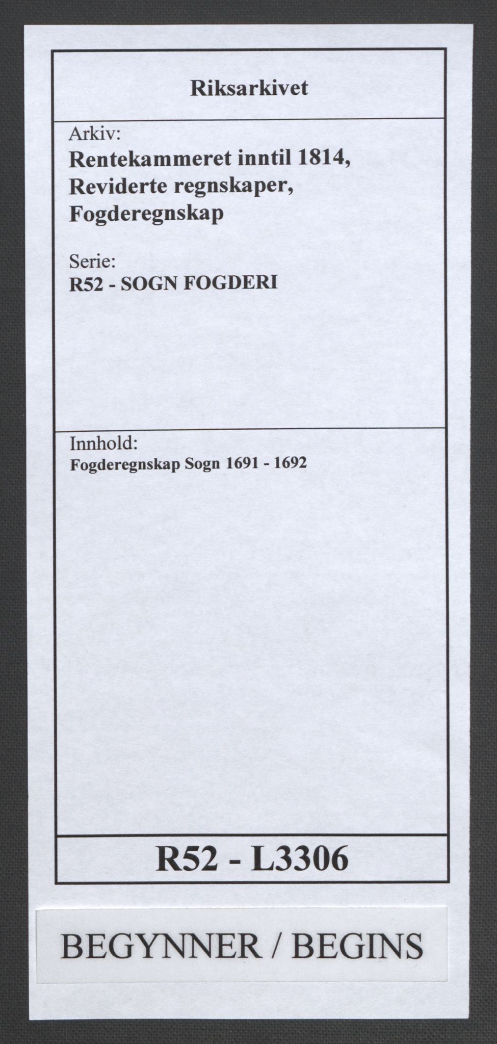 Rentekammeret inntil 1814, Reviderte regnskaper, Fogderegnskap, AV/RA-EA-4092/R52/L3306: Fogderegnskap Sogn, 1691-1692, s. 1