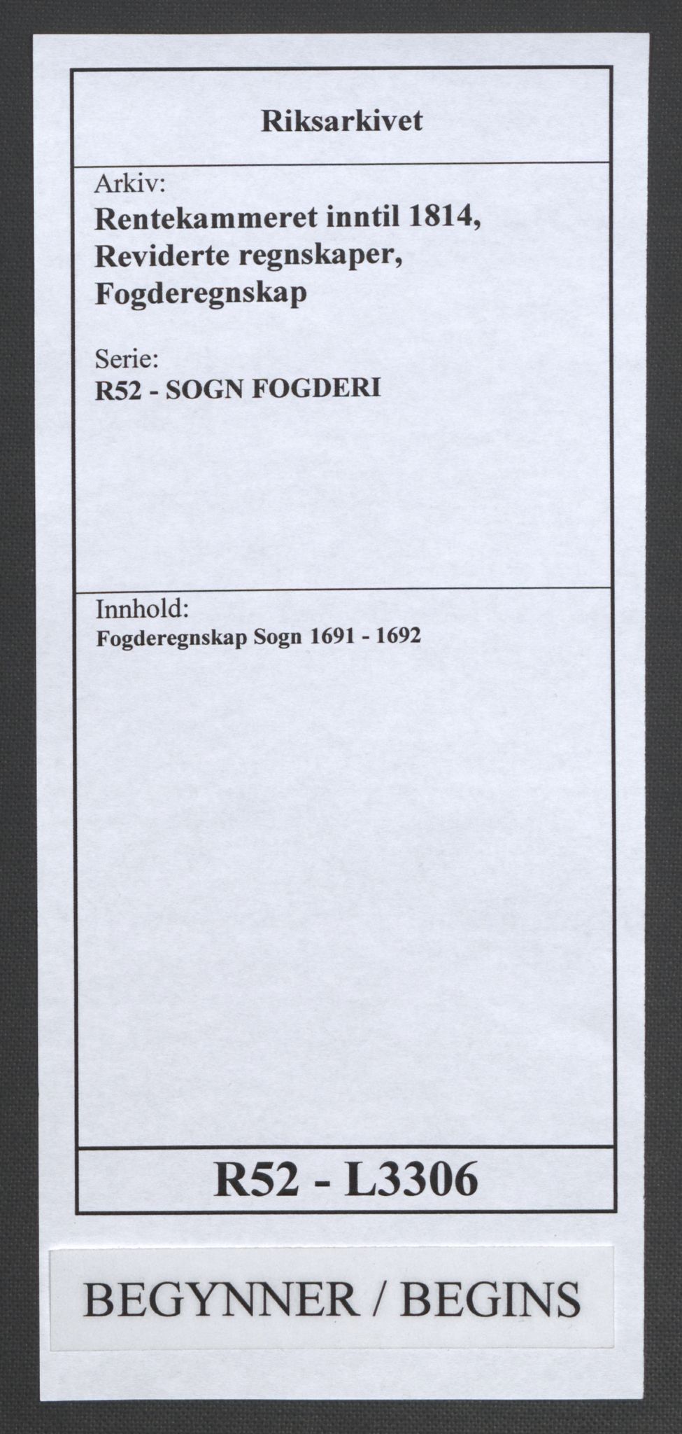 Rentekammeret inntil 1814, Reviderte regnskaper, Fogderegnskap, RA/EA-4092/R52/L3306: Fogderegnskap Sogn, 1691-1692, s. 1