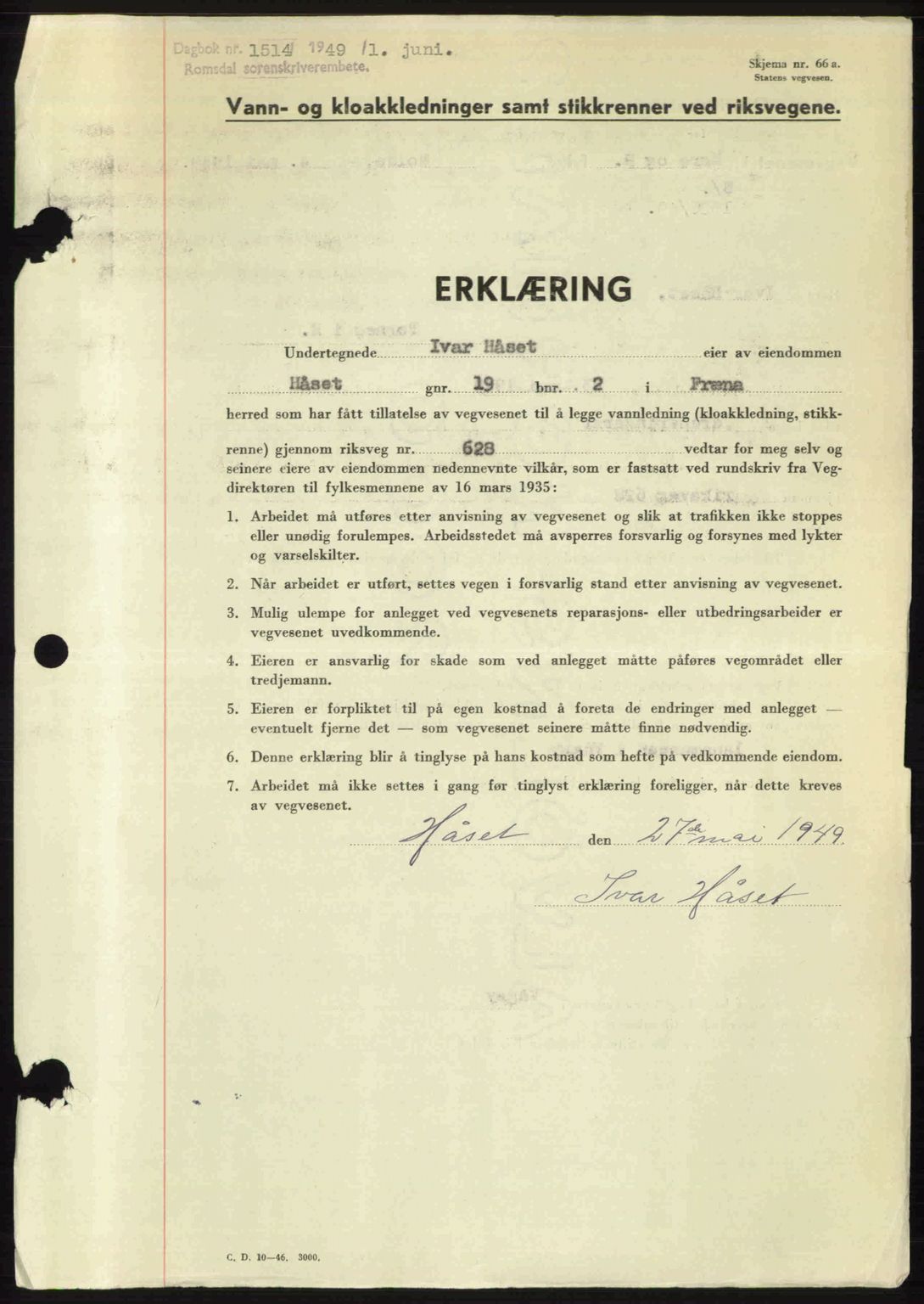 Romsdal sorenskriveri, SAT/A-4149/1/2/2C: Pantebok nr. A29, 1949-1949, Dagboknr: 1514/1949