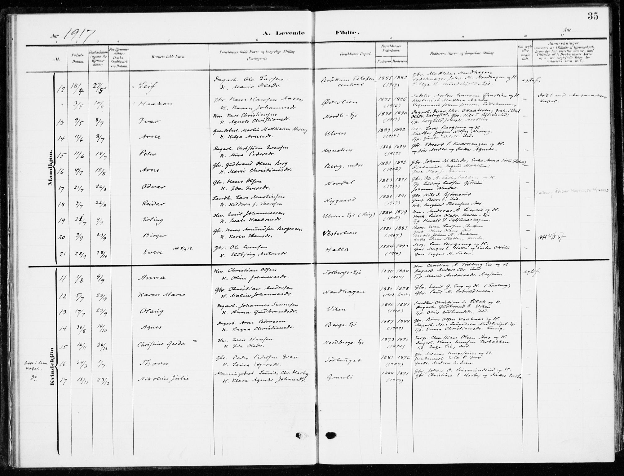 Ringsaker prestekontor, SAH/PREST-014/K/Ka/L0021: Ministerialbok nr. 21, 1905-1920, s. 35