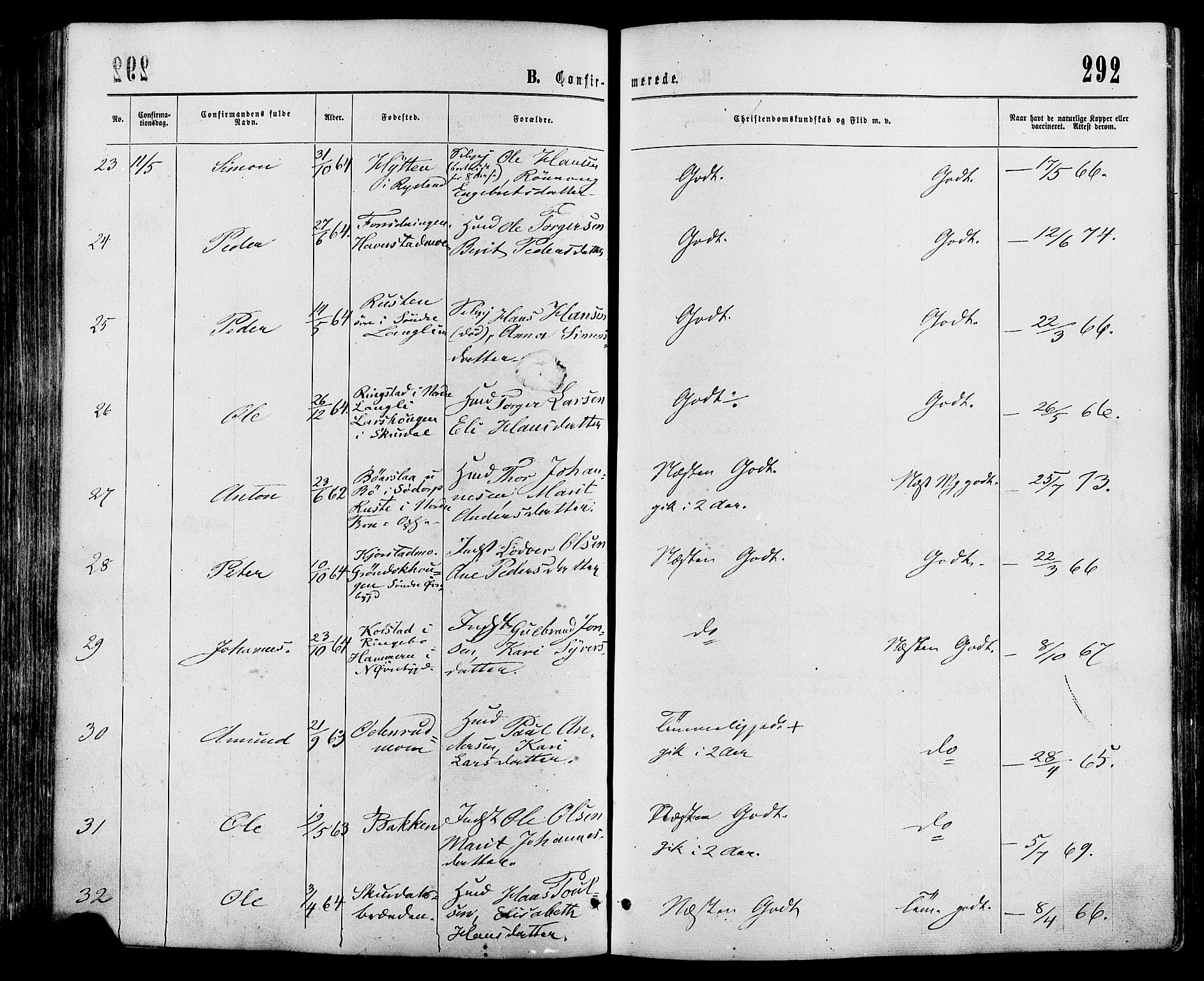 Sør-Fron prestekontor, AV/SAH-PREST-010/H/Ha/Haa/L0002: Ministerialbok nr. 2, 1864-1880, s. 292