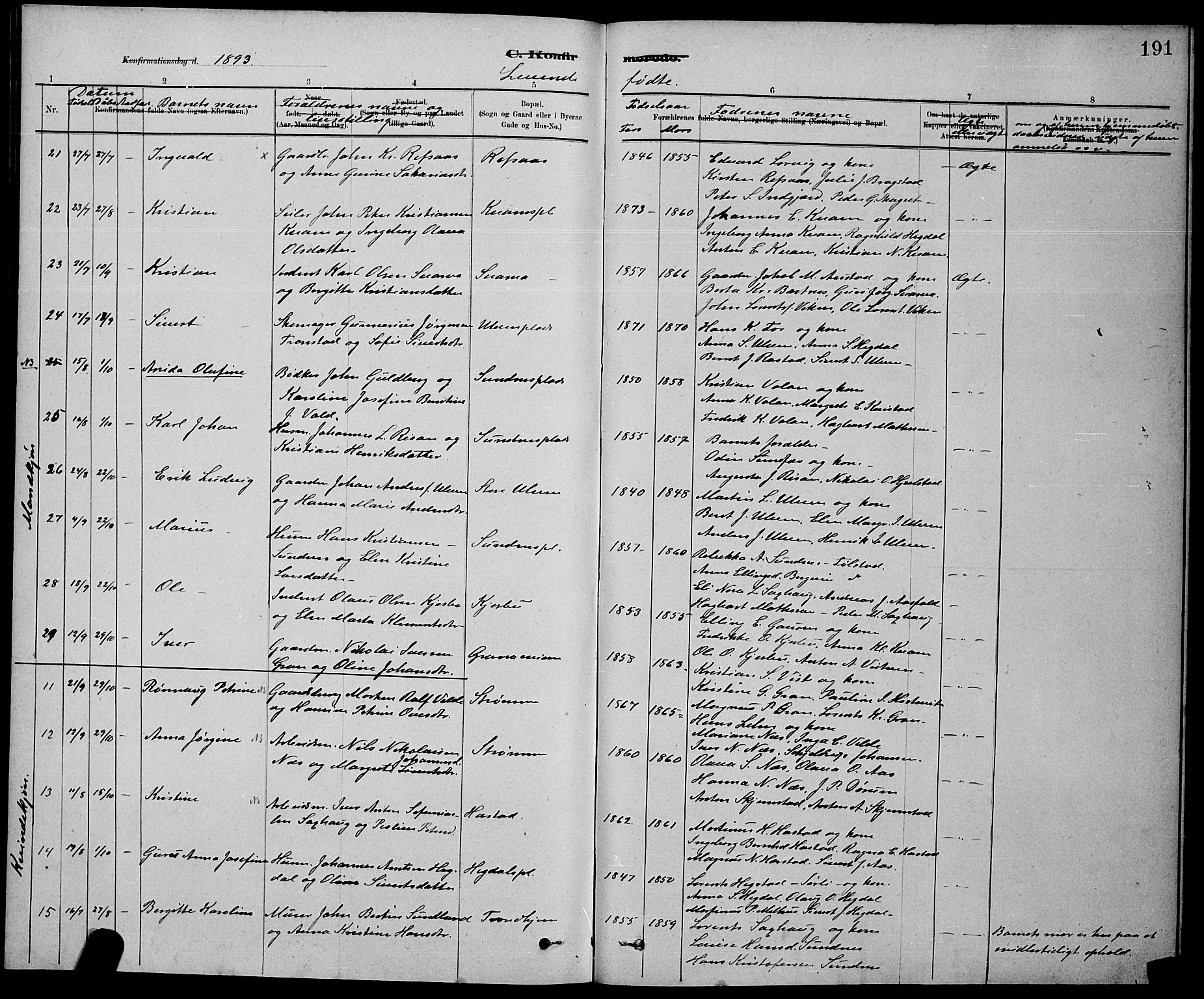 Ministerialprotokoller, klokkerbøker og fødselsregistre - Nord-Trøndelag, SAT/A-1458/730/L0301: Klokkerbok nr. 730C04, 1880-1897, s. 191