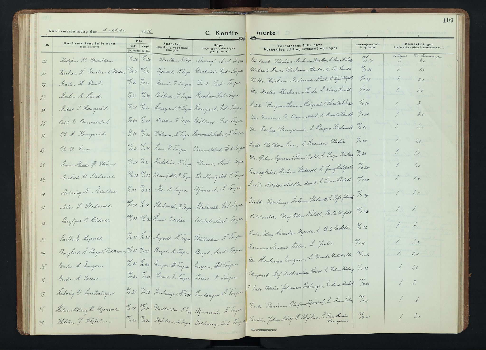 Nordre Land prestekontor, AV/SAH-PREST-124/H/Ha/Hab/L0004: Klokkerbok nr. 4, 1935-1954, s. 109