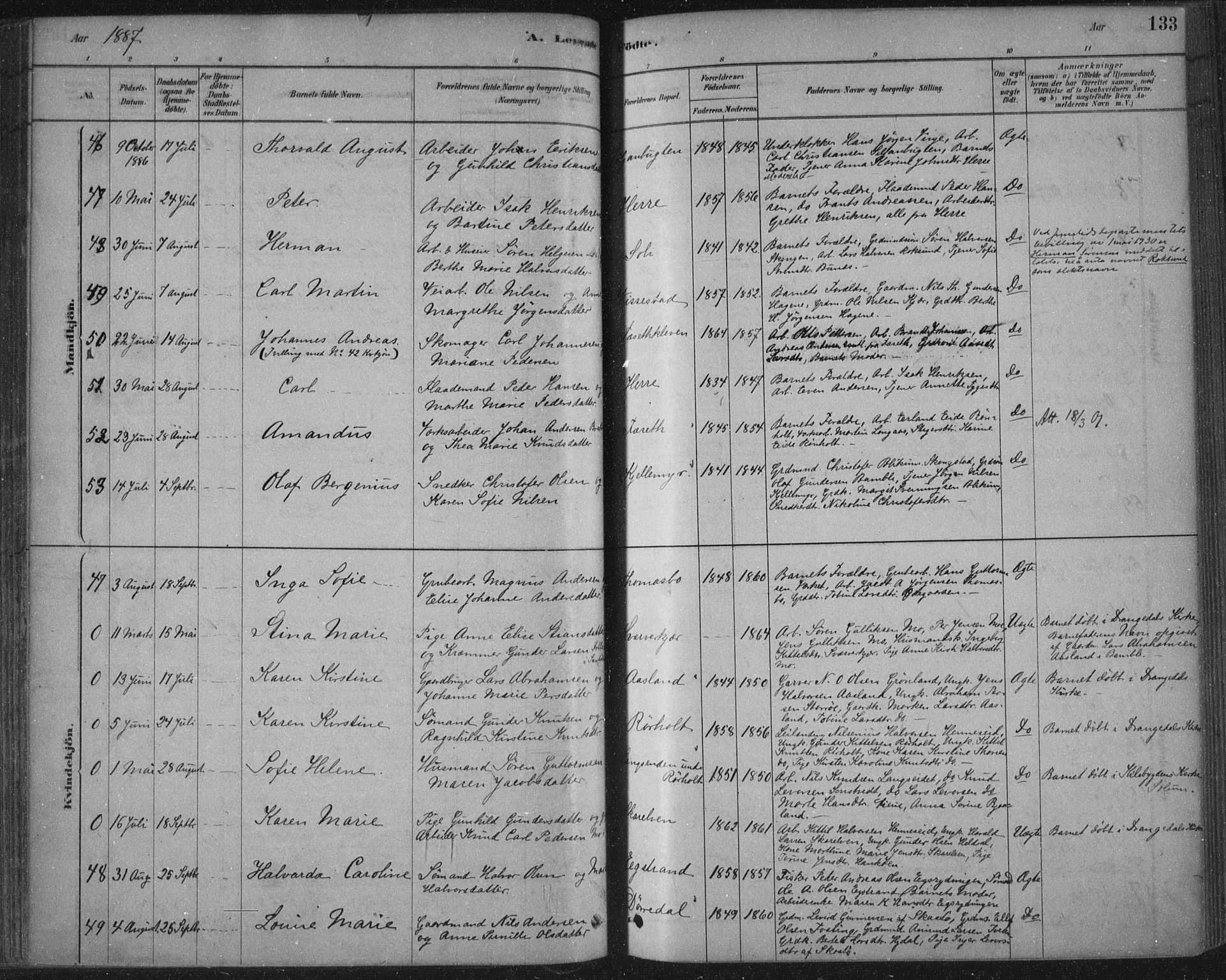 Bamble kirkebøker, AV/SAKO-A-253/F/Fa/L0007: Ministerialbok nr. I 7, 1878-1888, s. 133