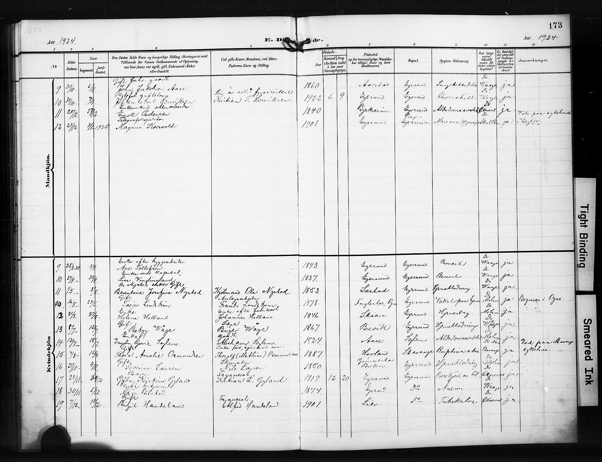 Eigersund sokneprestkontor, AV/SAST-A-101807/S09/L0012: Klokkerbok nr. B 12, 1908-1930, s. 173