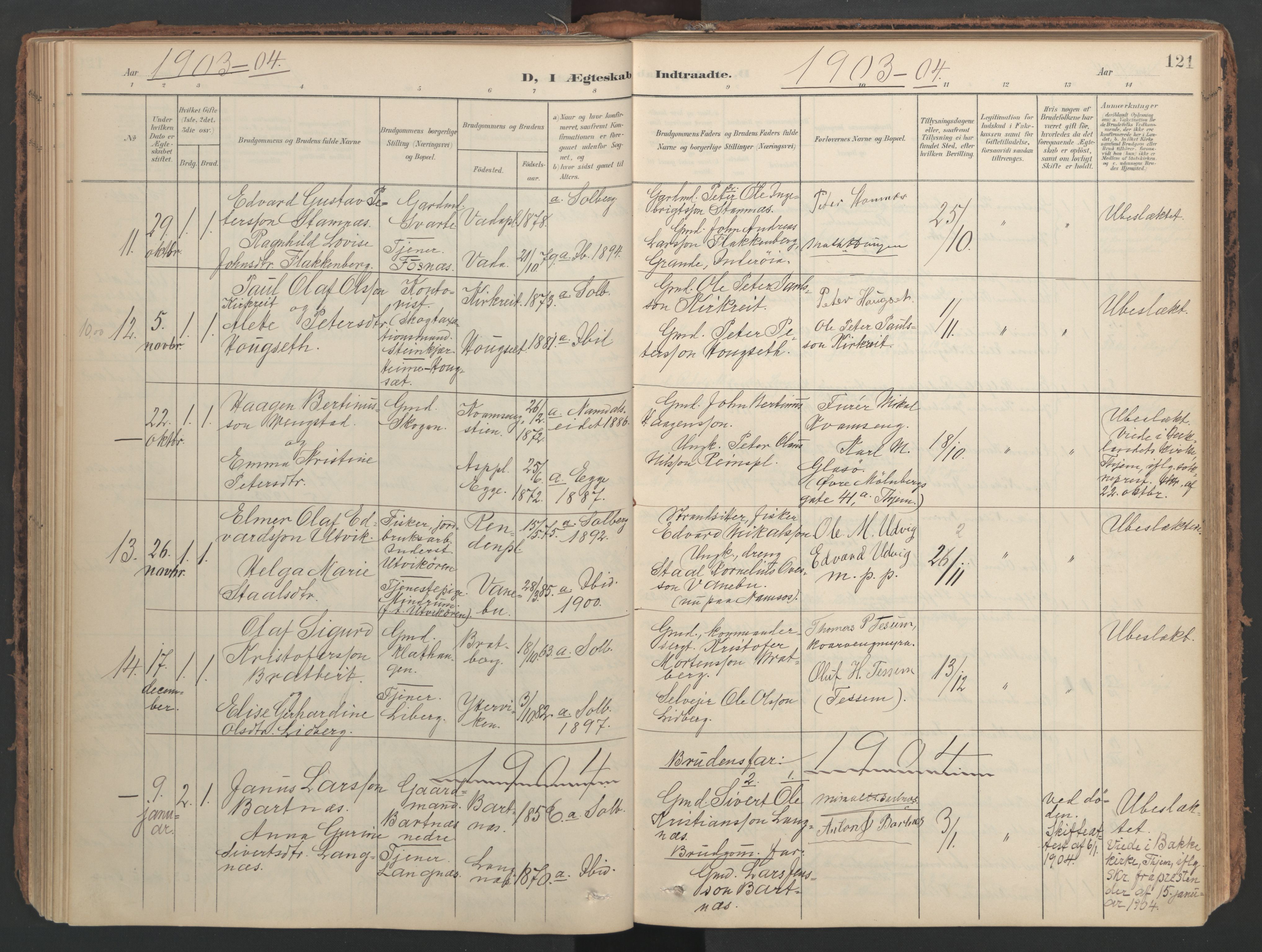 Ministerialprotokoller, klokkerbøker og fødselsregistre - Nord-Trøndelag, AV/SAT-A-1458/741/L0397: Ministerialbok nr. 741A11, 1901-1911, s. 121