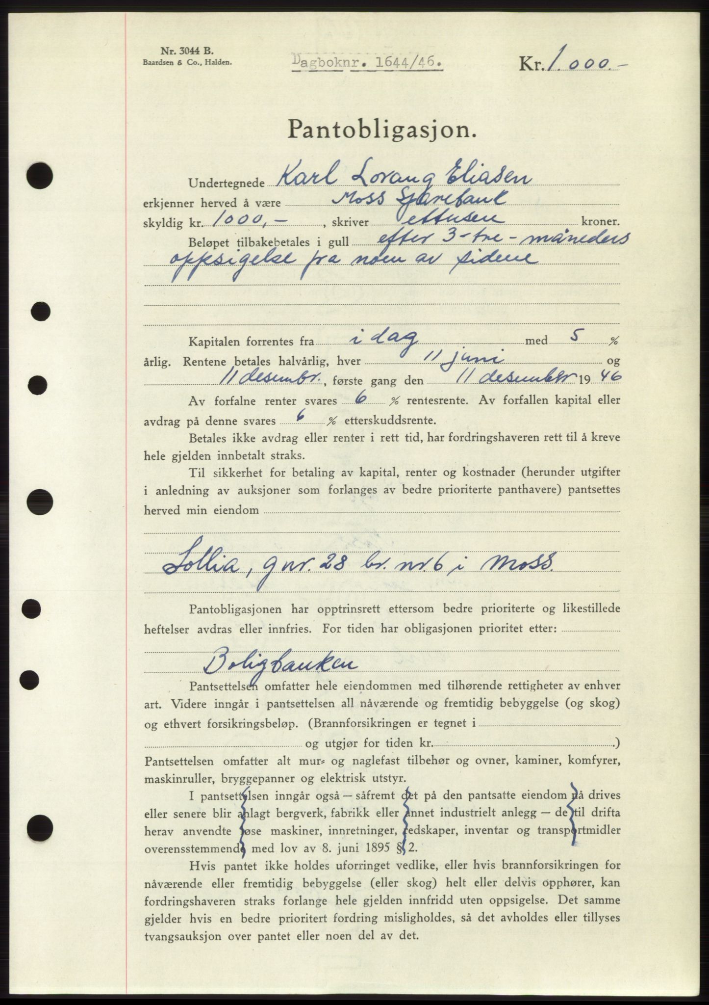 Moss sorenskriveri, SAO/A-10168: Pantebok nr. B15, 1946-1946, Dagboknr: 1644/1946