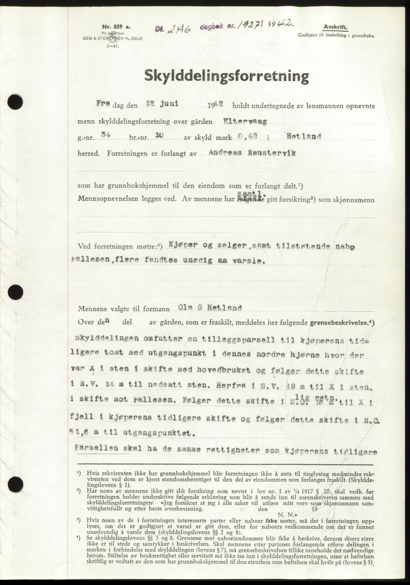 Jæren sorenskriveri, SAST/A-100310/03/G/Gba/L0082: Pantebok, 1942-1942, Dagboknr: 1927/1942