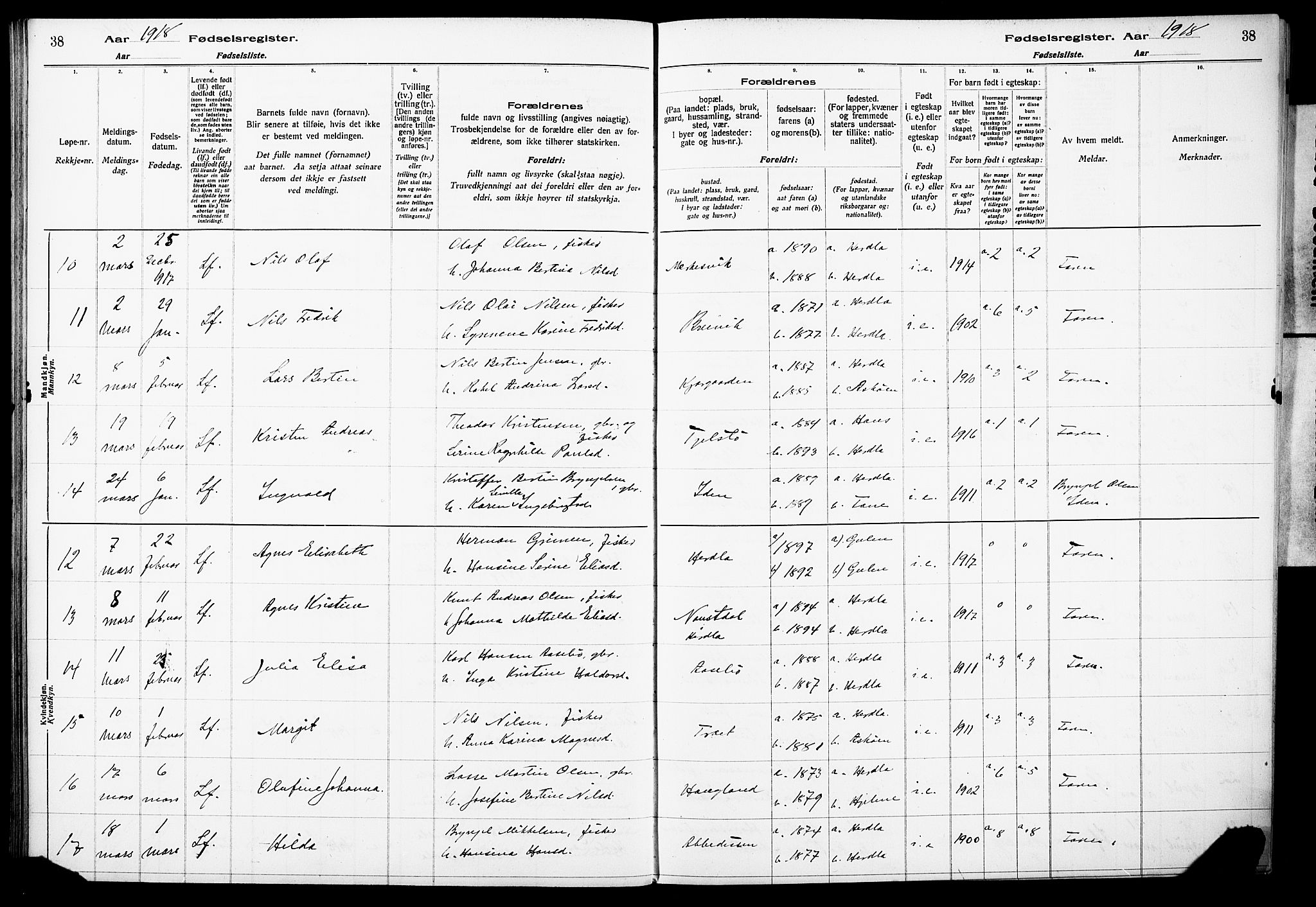 Herdla Sokneprestembete, SAB/A-75701/I/Id/L00A1: Fødselsregister nr. A 1, 1916-1929, s. 38