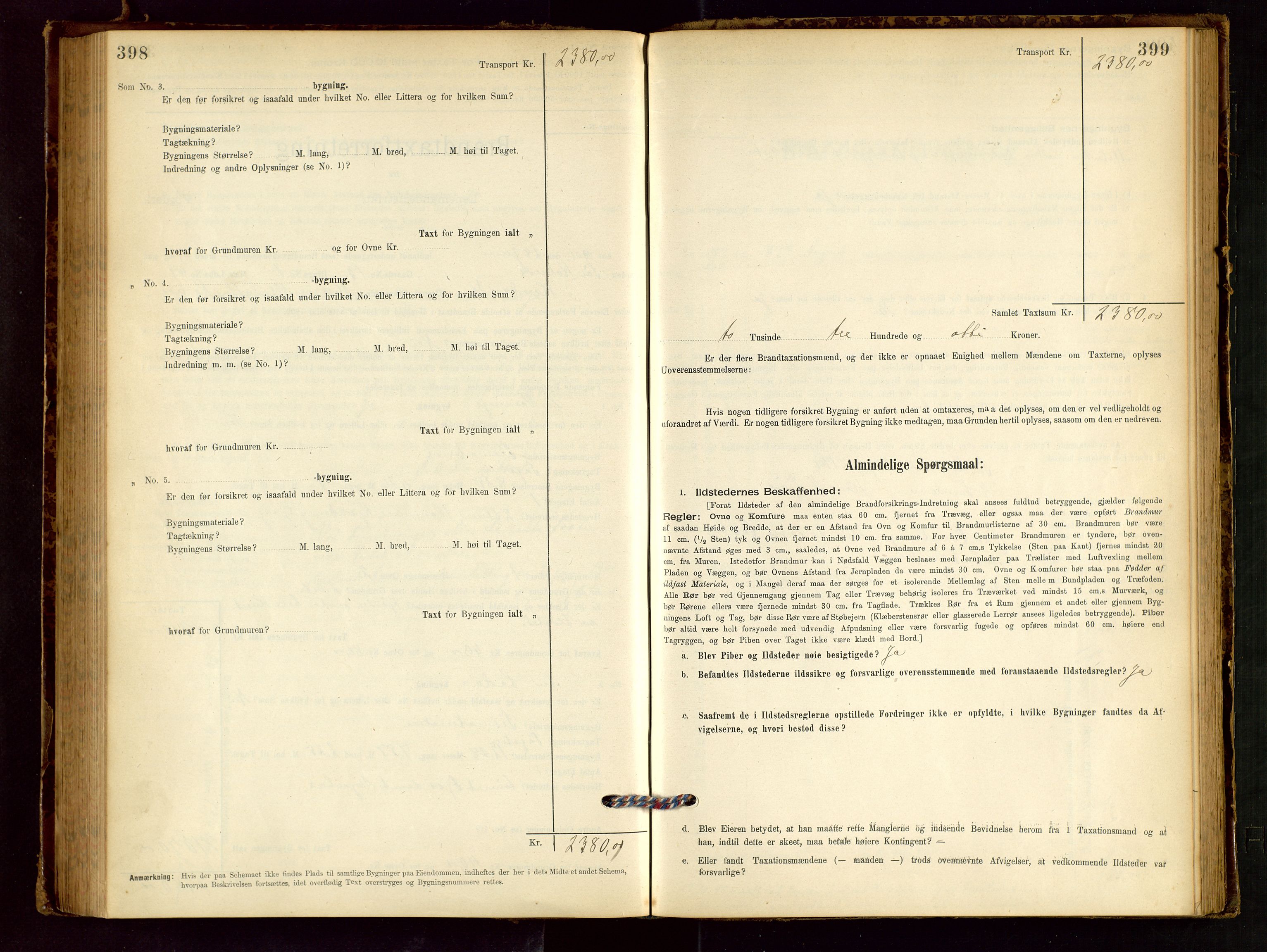 Håland lensmannskontor, SAST/A-100100/Gob/L0001: Branntakstprotokoll - skjematakst. Register i boken., 1894-1902, s. 398-399