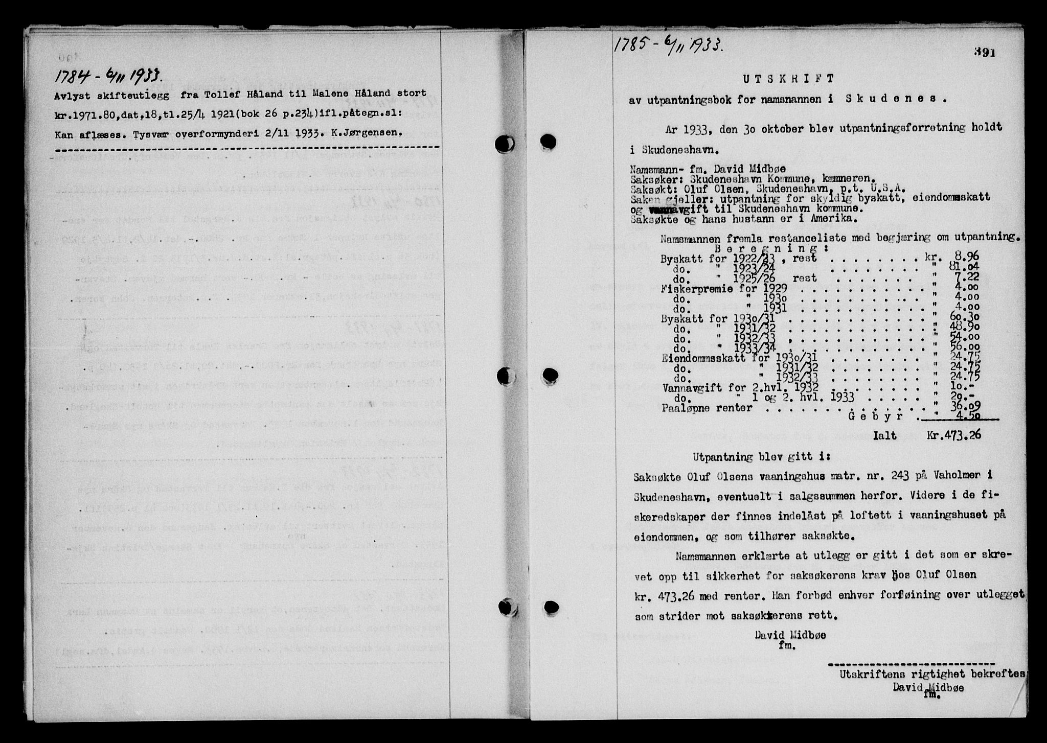 Karmsund sorenskriveri, SAST/A-100311/01/II/IIB/L0061: Pantebok nr. 42, 1933-1933, Tingl.dato: 13.11.1933
