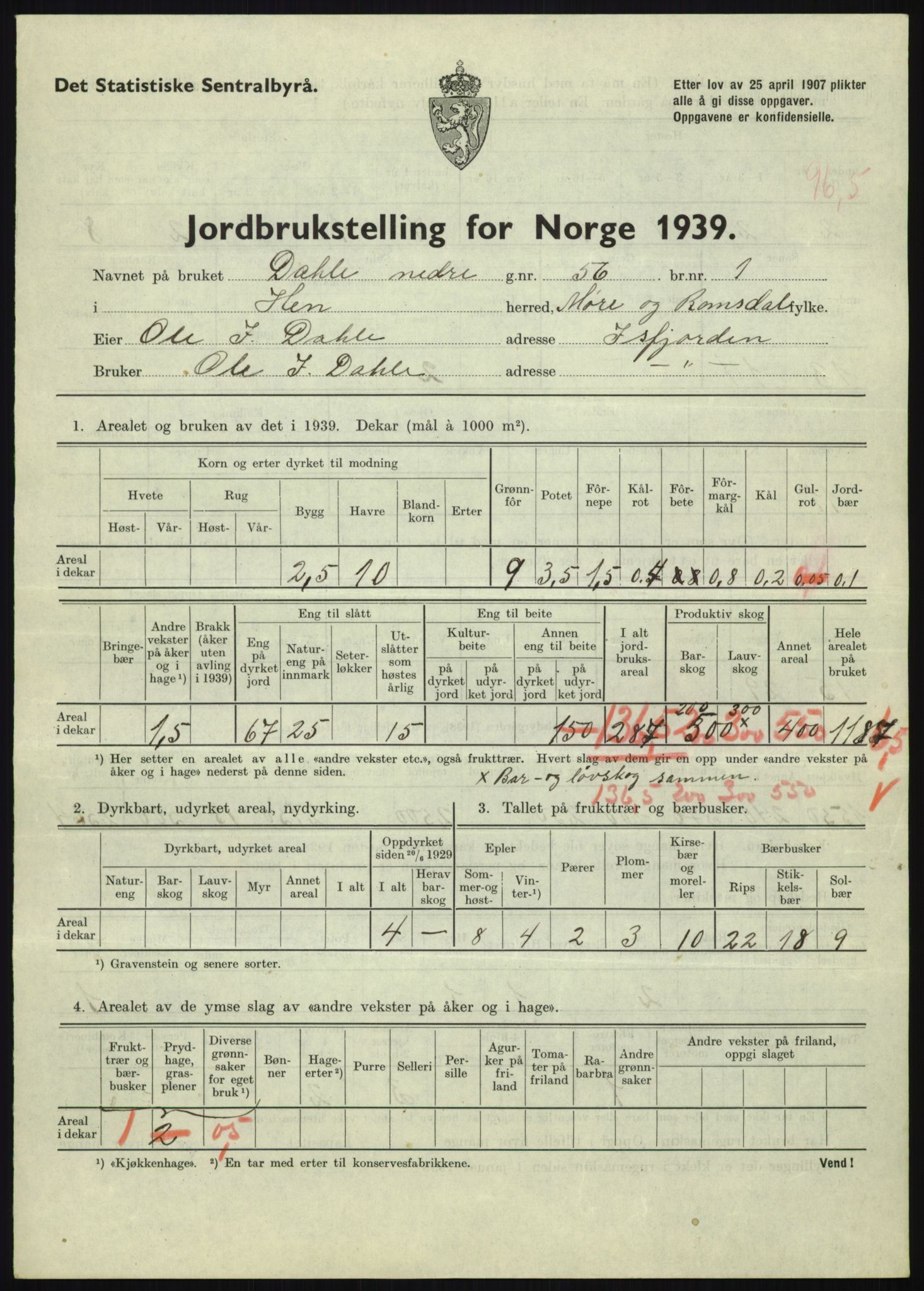 Statistisk sentralbyrå, Næringsøkonomiske emner, Jordbruk, skogbruk, jakt, fiske og fangst, AV/RA-S-2234/G/Gb/L0251: Møre og Romsdal: Voll, Eid, Grytten og Hen, 1939, s. 1399
