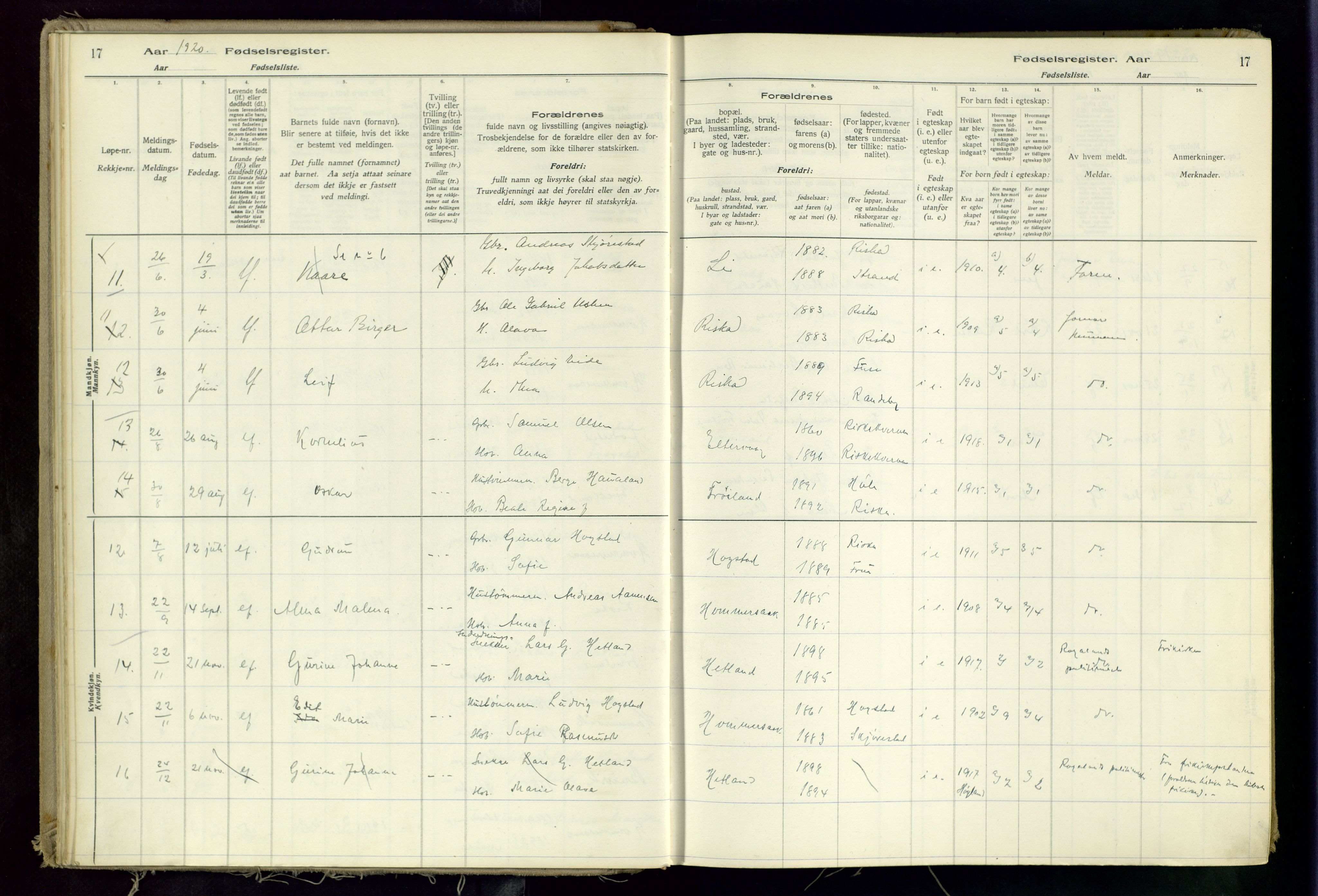 Hetland sokneprestkontor, AV/SAST-A-101826/70/704BA/L0002: Fødselsregister nr. 2, 1916-1968, s. 17