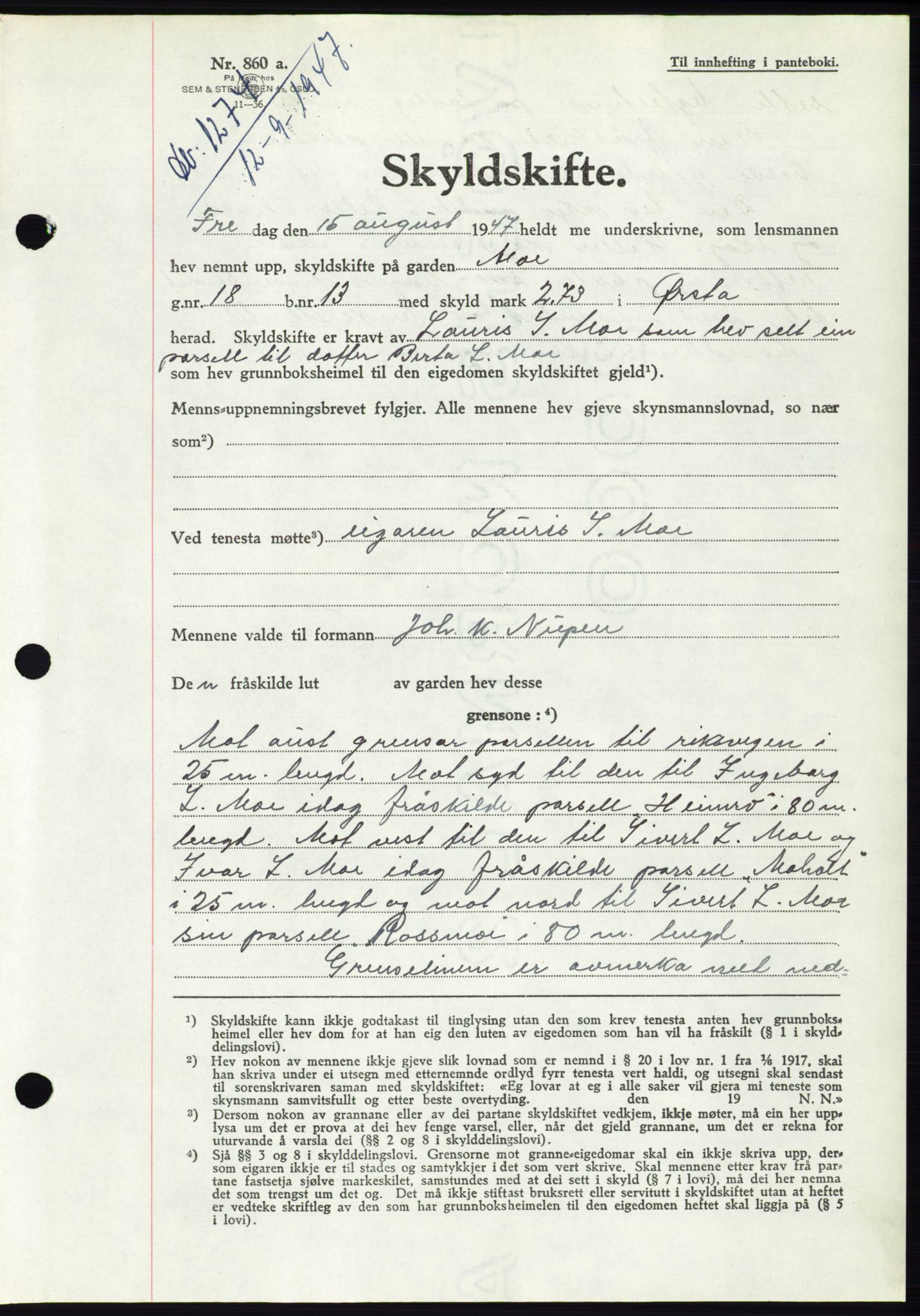 Søre Sunnmøre sorenskriveri, AV/SAT-A-4122/1/2/2C/L0081: Pantebok nr. 7A, 1947-1948, Dagboknr: 1274/1947