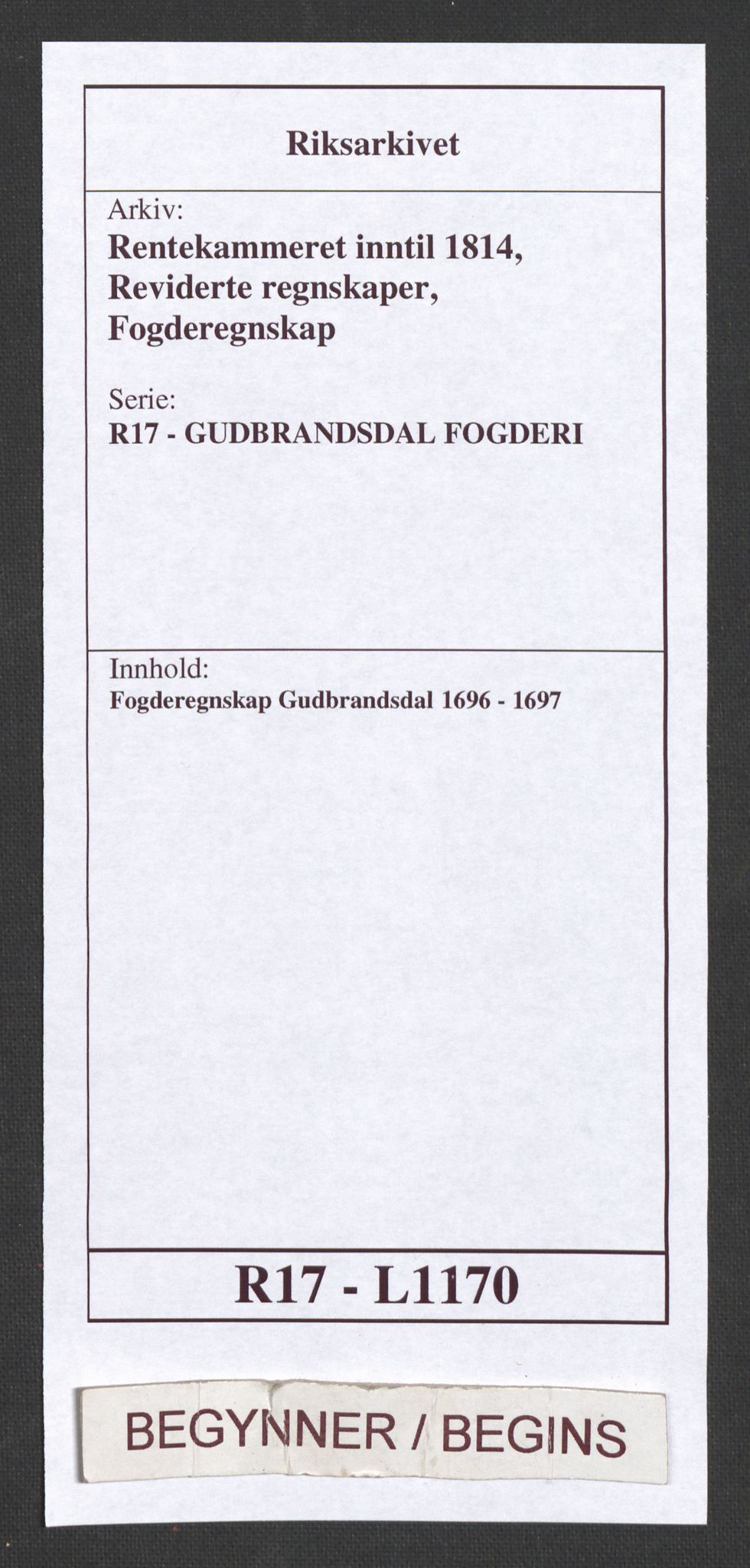 Rentekammeret inntil 1814, Reviderte regnskaper, Fogderegnskap, RA/EA-4092/R17/L1170: Fogderegnskap Gudbrandsdal, 1696-1697, s. 1
