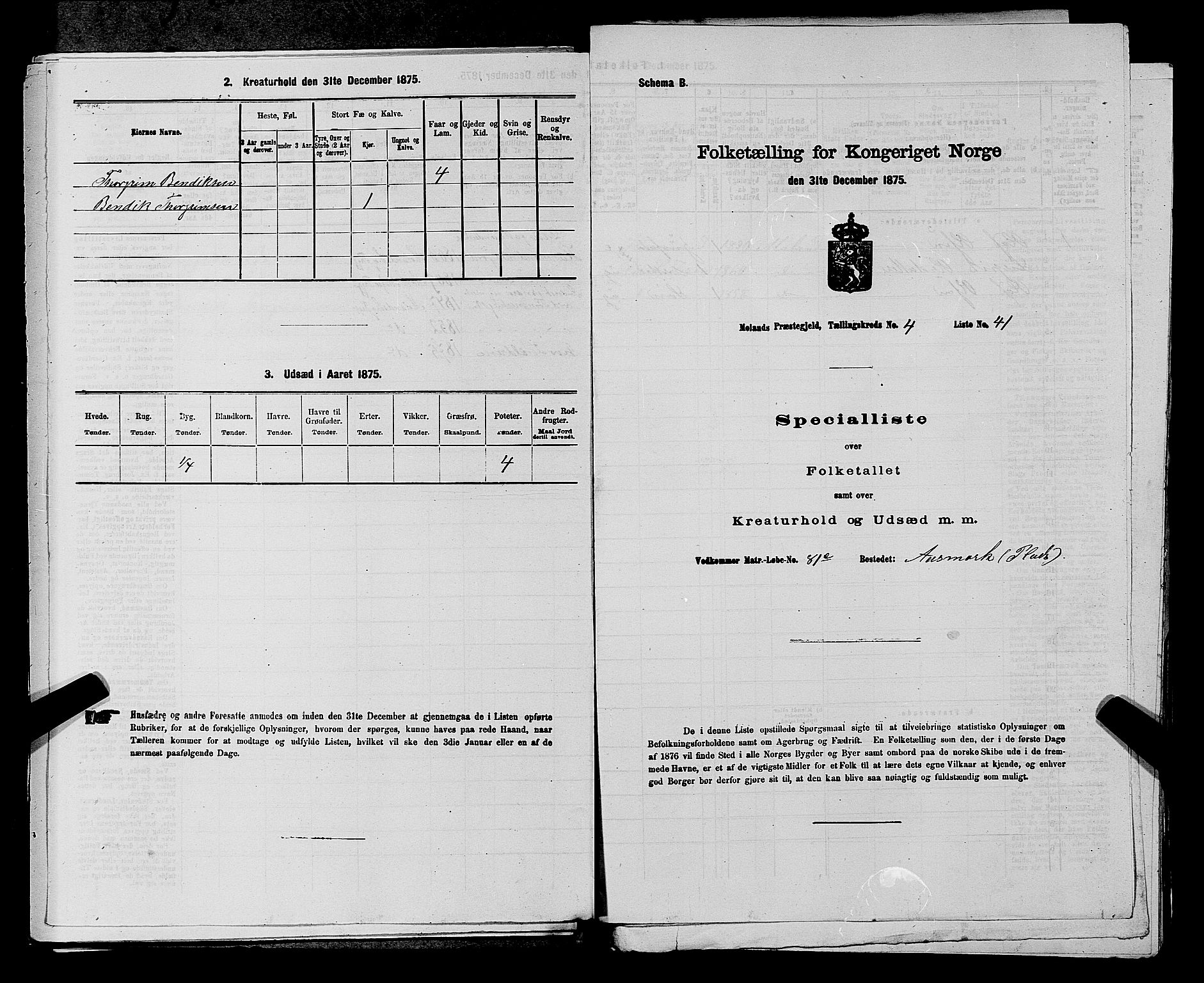 SAKO, Folketelling 1875 for 0831P Moland prestegjeld, 1875, s. 437