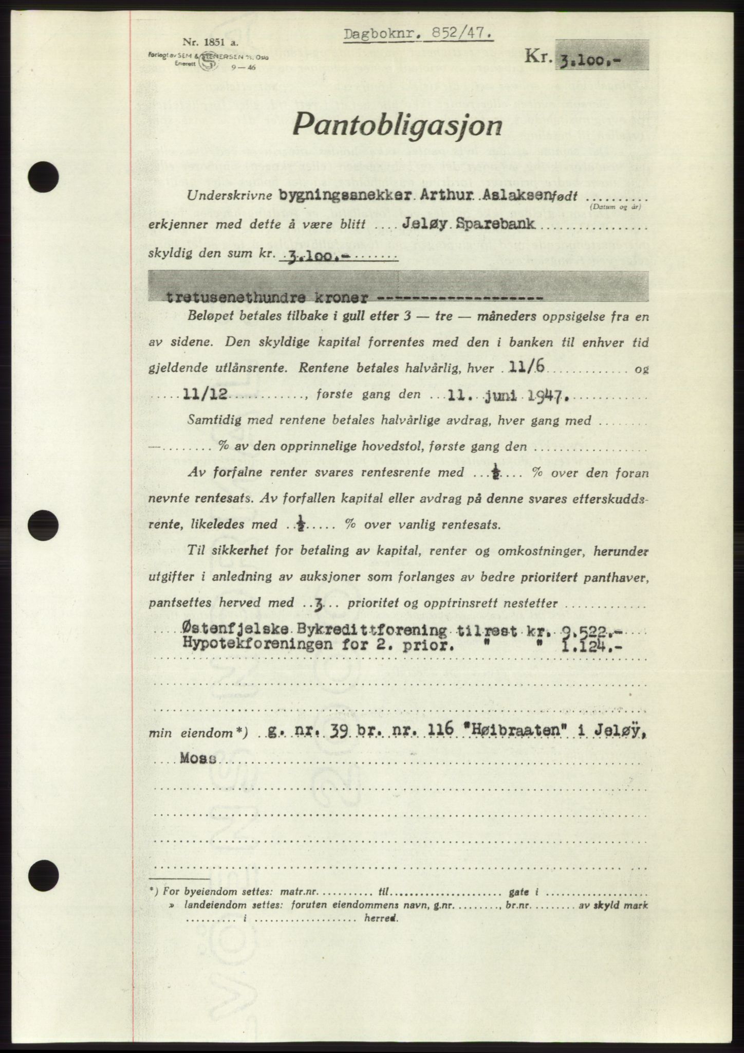 Moss sorenskriveri, SAO/A-10168: Pantebok nr. B17, 1947-1947, Dagboknr: 852/1947