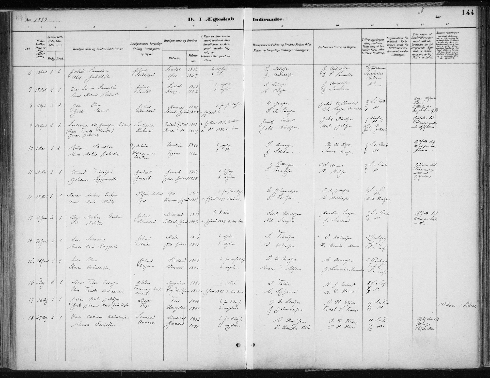 Kvinesdal sokneprestkontor, AV/SAK-1111-0026/F/Fa/Fab/L0008: Ministerialbok nr. A 8, 1886-1897, s. 144
