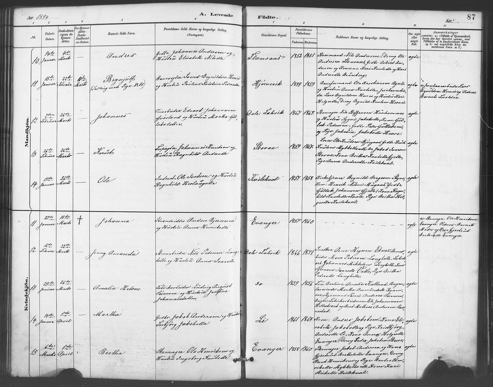 Evanger sokneprestembete, AV/SAB-A-99924: Klokkerbok nr. A 4, 1887-1897, s. 87