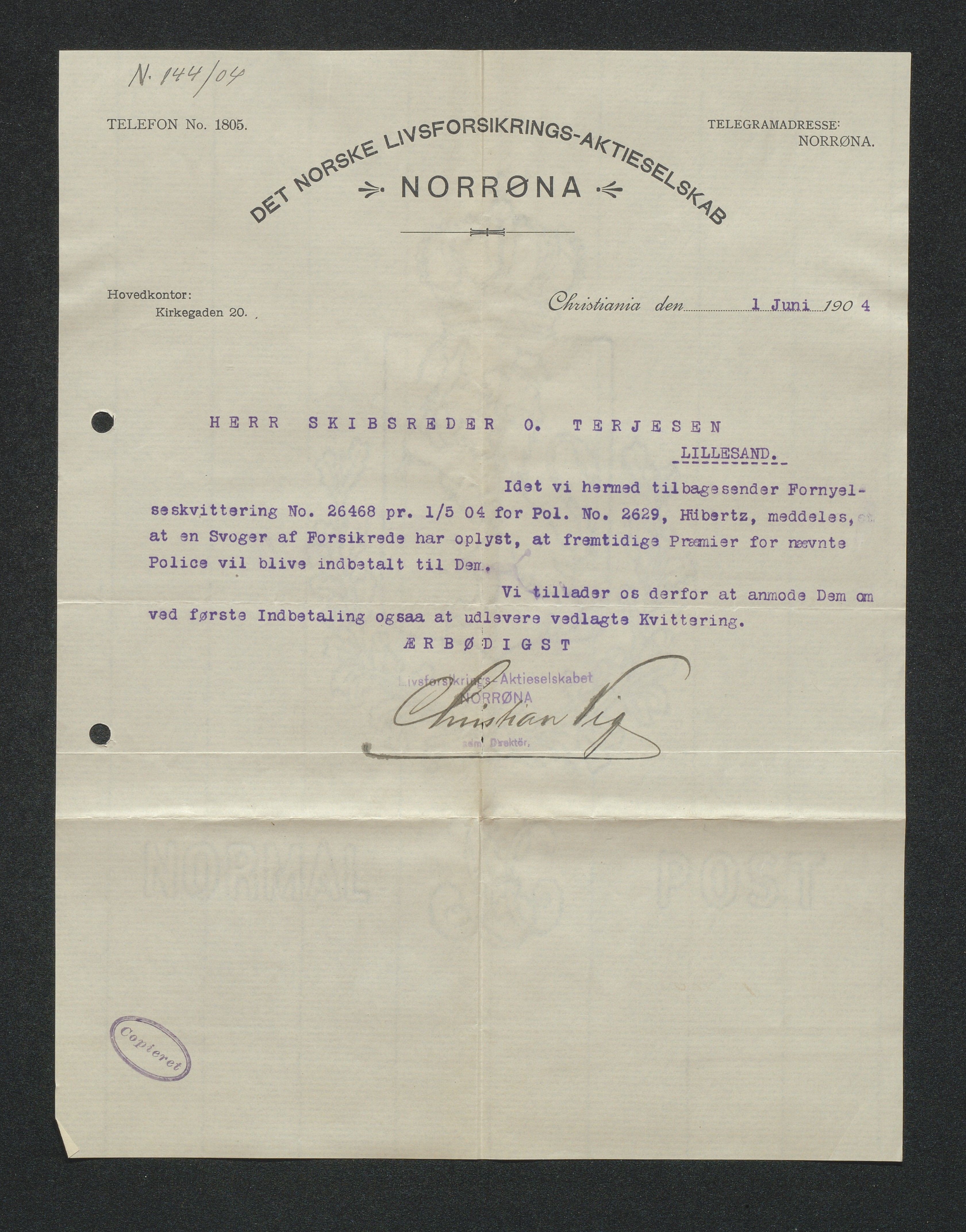 O. Terjesens rederi, AAKS/PA-2525/E/E01/L0013: Korrespondanse, 1904-1905