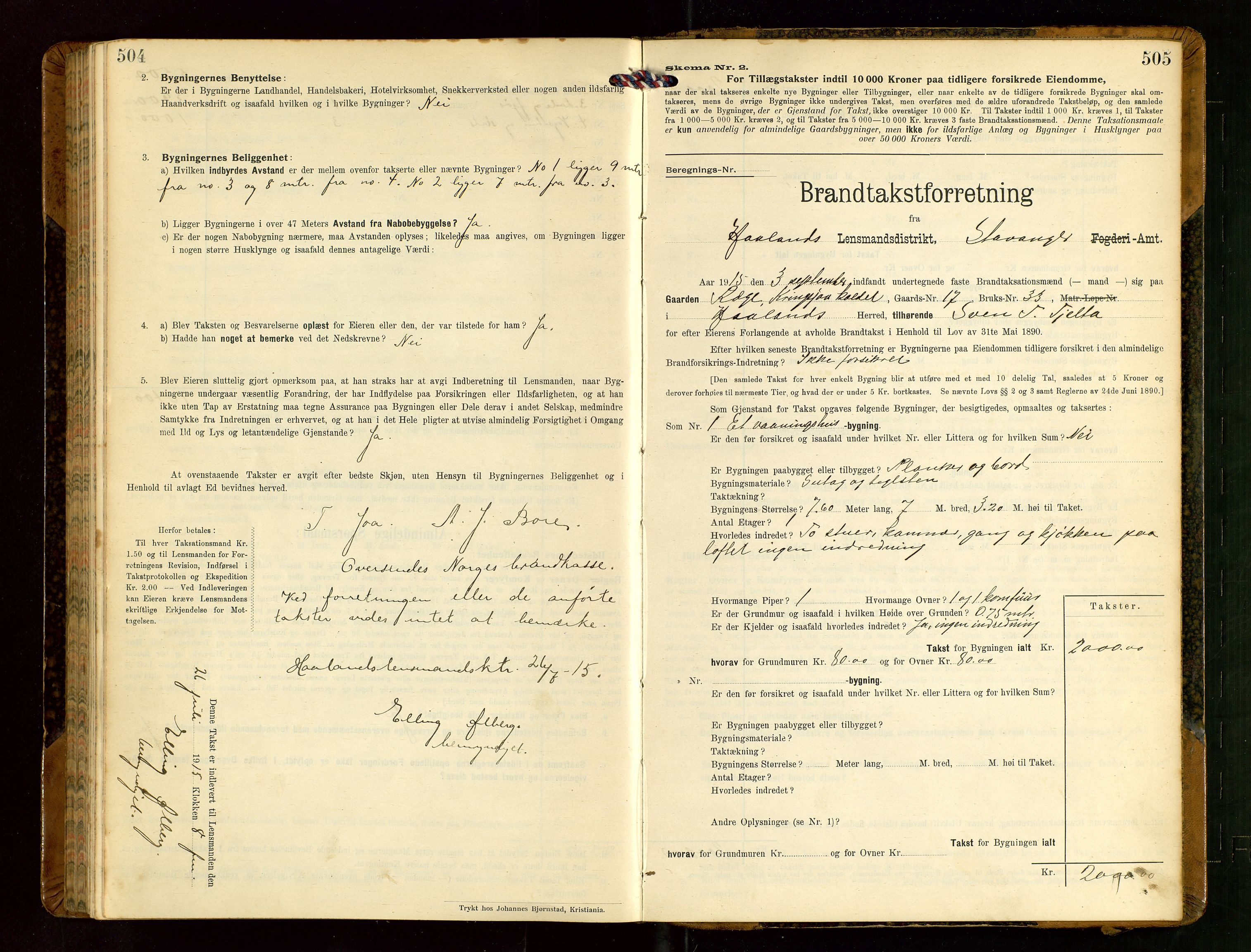 Håland lensmannskontor, AV/SAST-A-100100/Gob/L0004: Branntakstprotokoll - skjematakst. Register i boken., 1913-1915, s. 504-505