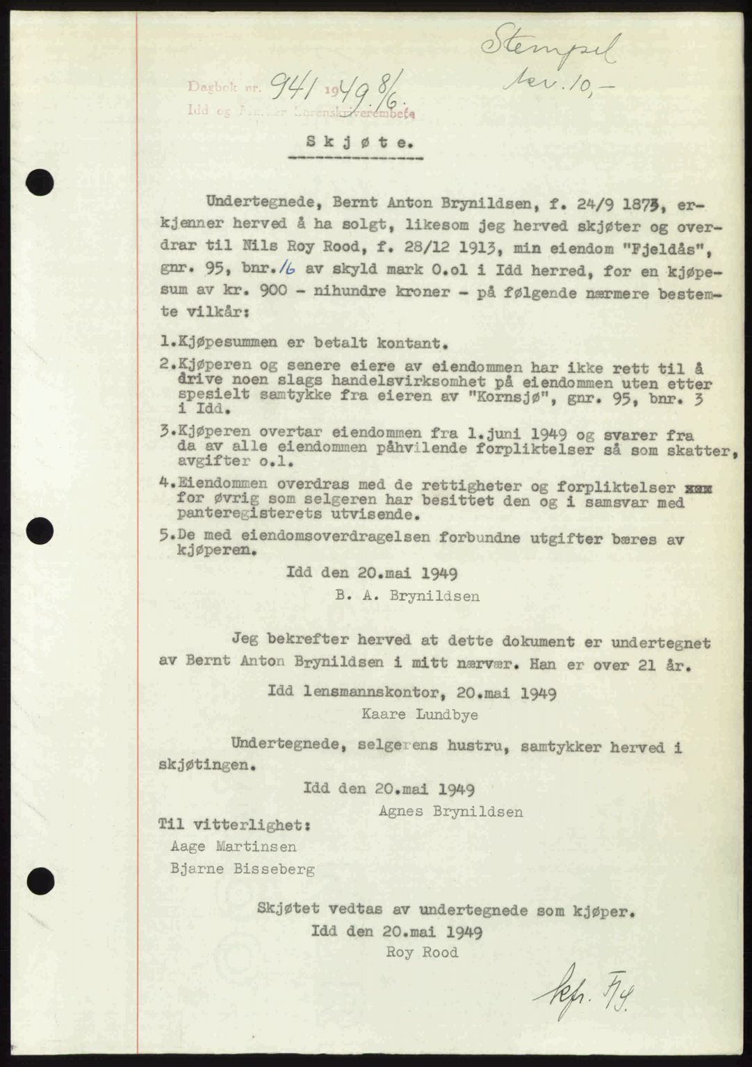 Idd og Marker sorenskriveri, SAO/A-10283/G/Gb/Gbb/L0012: Pantebok nr. A12, 1949-1949, Dagboknr: 941/1949