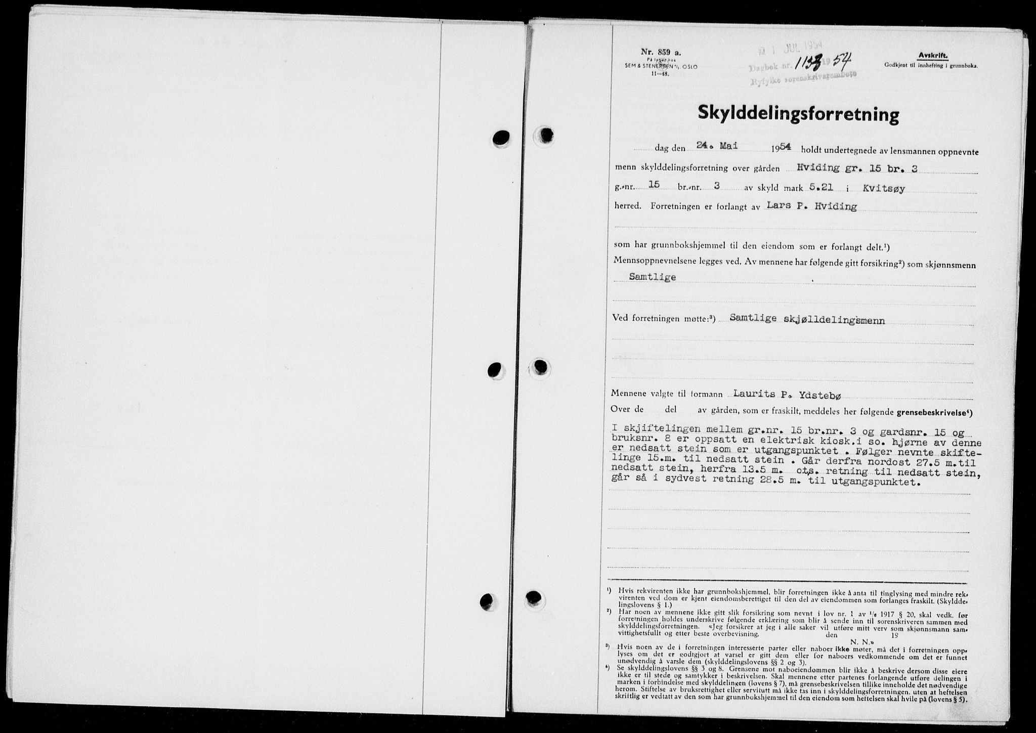Ryfylke tingrett, SAST/A-100055/001/II/IIB/L0125: Pantebok nr. 104, 1954-1954, Dagboknr: 1133/1954