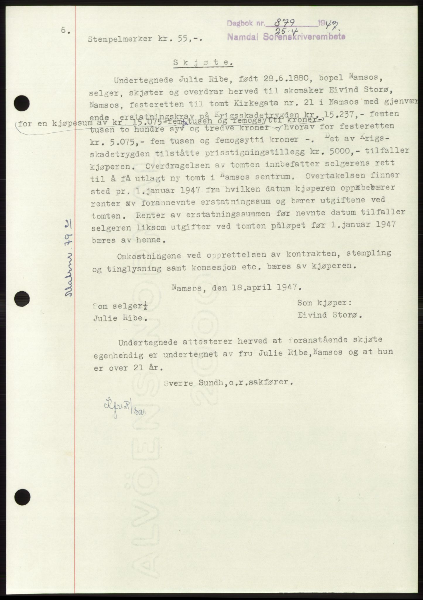 Namdal sorenskriveri, SAT/A-4133/1/2/2C: Pantebok nr. -, 1947-1947, Dagboknr: 879/1947