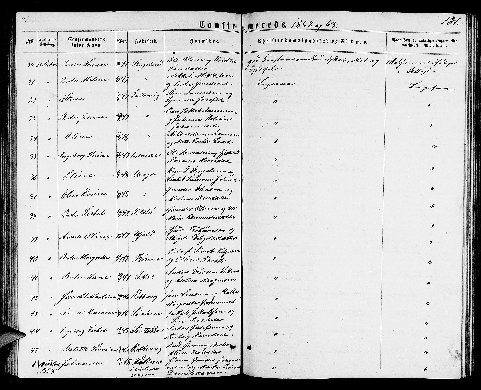 Avaldsnes sokneprestkontor, SAST/A -101851/H/Ha/Hab/L0004: Klokkerbok nr. B 4, 1861-1876, s. 131