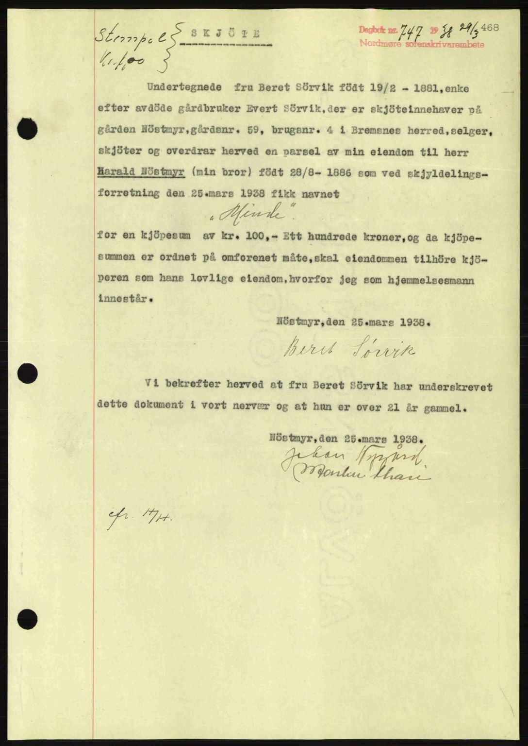 Nordmøre sorenskriveri, SAT/A-4132/1/2/2Ca: Pantebok nr. A83, 1938-1938, Dagboknr: 747/1938