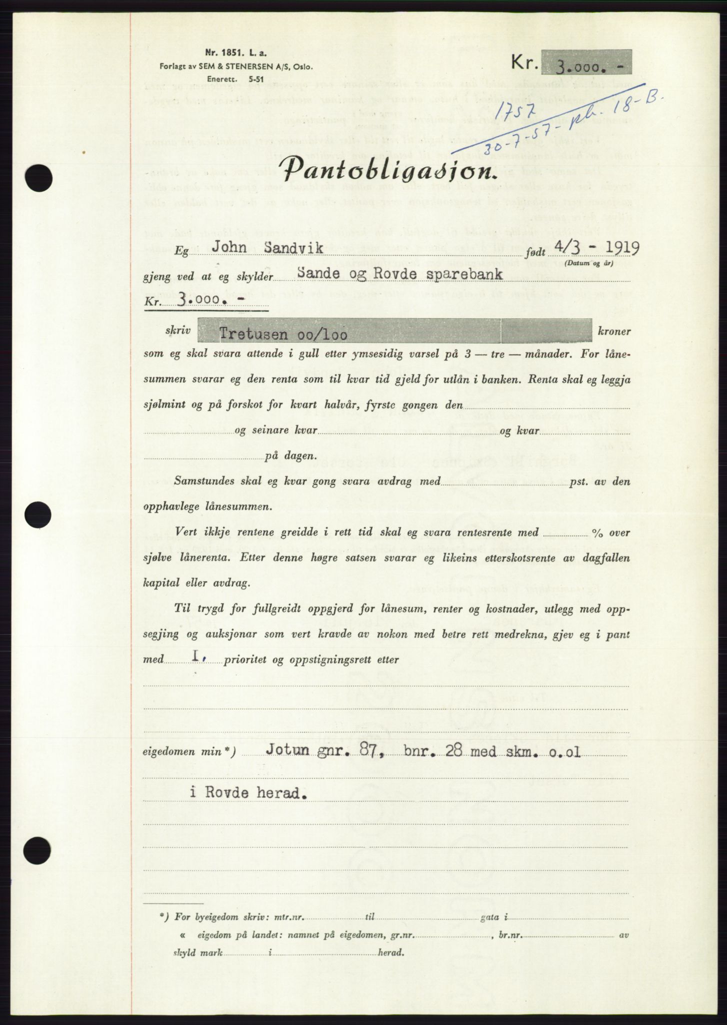 Søre Sunnmøre sorenskriveri, AV/SAT-A-4122/1/2/2C/L0130: Pantebok nr. 18B, 1957-1958, Dagboknr: 1757/1957