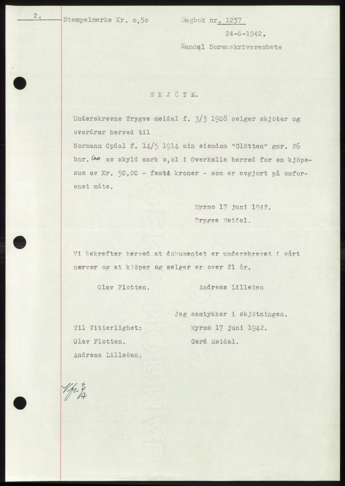 Namdal sorenskriveri, SAT/A-4133/1/2/2C: Pantebok nr. -, 1941-1942, Dagboknr: 1237/1942