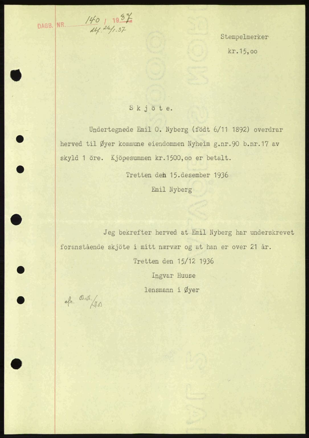 Sør-Gudbrandsdal tingrett, SAH/TING-004/H/Hb/Hbd/L0002: Pantebok nr. A2, 1936-1937, Dagboknr: 140/1937