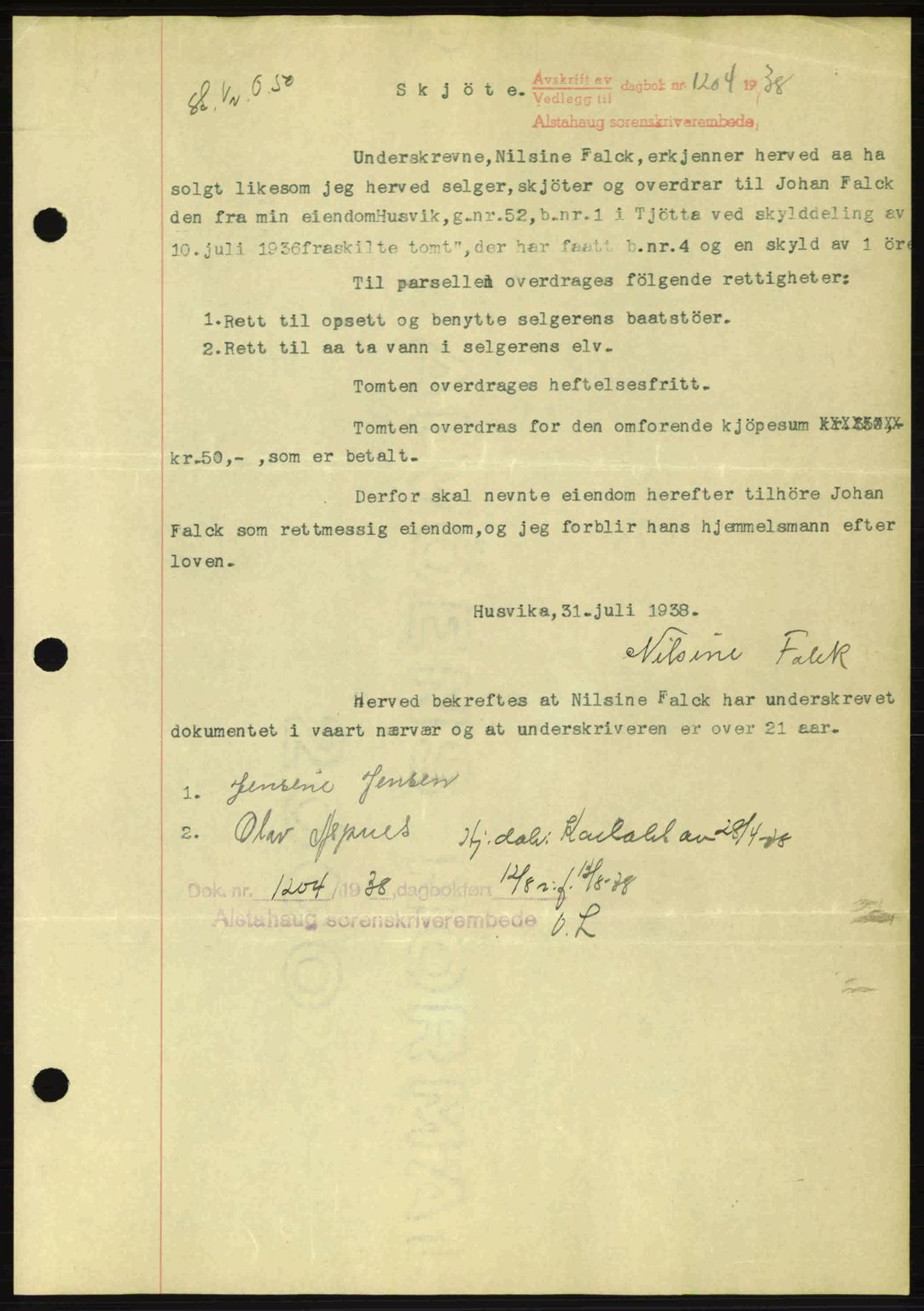 Alstahaug sorenskriveri, SAT/A-1009: Pantebok nr. A3, 1937-1938, Dagboknr: 1204/1938