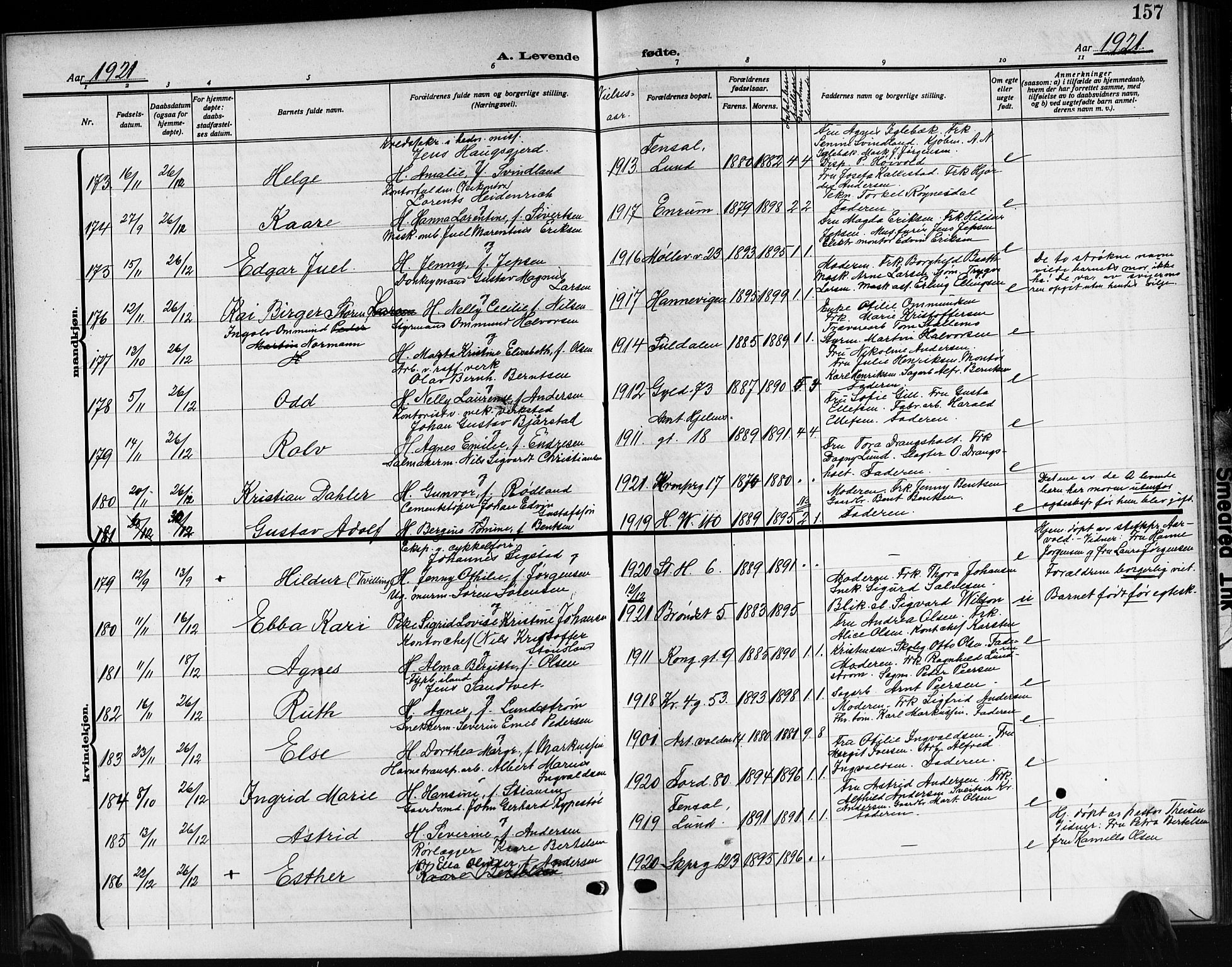 Kristiansand domprosti, AV/SAK-1112-0006/F/Fb/L0021: Klokkerbok nr. B 21, 1914-1923, s. 157