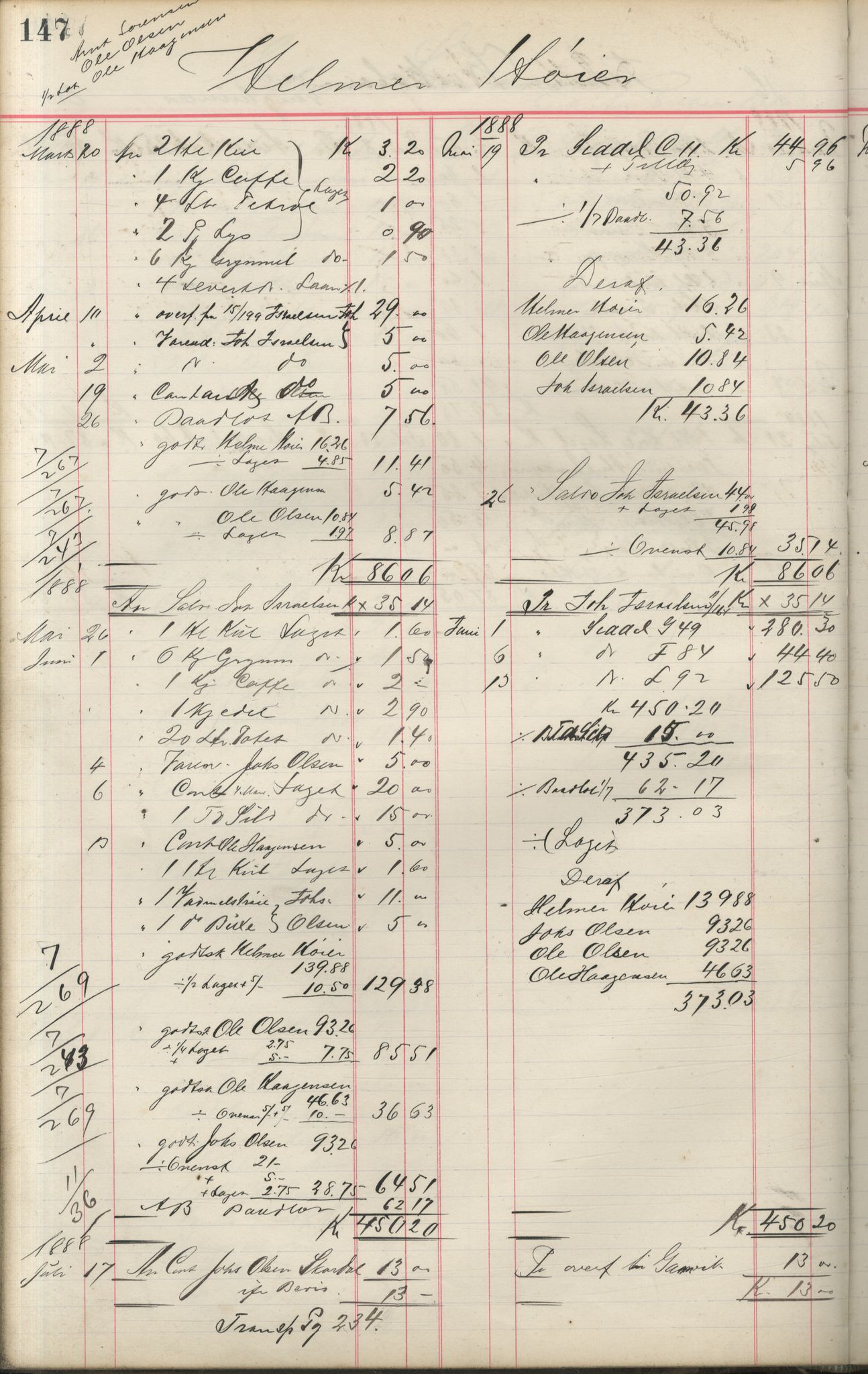 Brodtkorb handel A/S, VAMU/A-0001/F/Fa/L0001/0002: Kompanibøker. Innensogns / Compagnibog for Indensogns Fiskere No 11, 1887-1889, s. 147